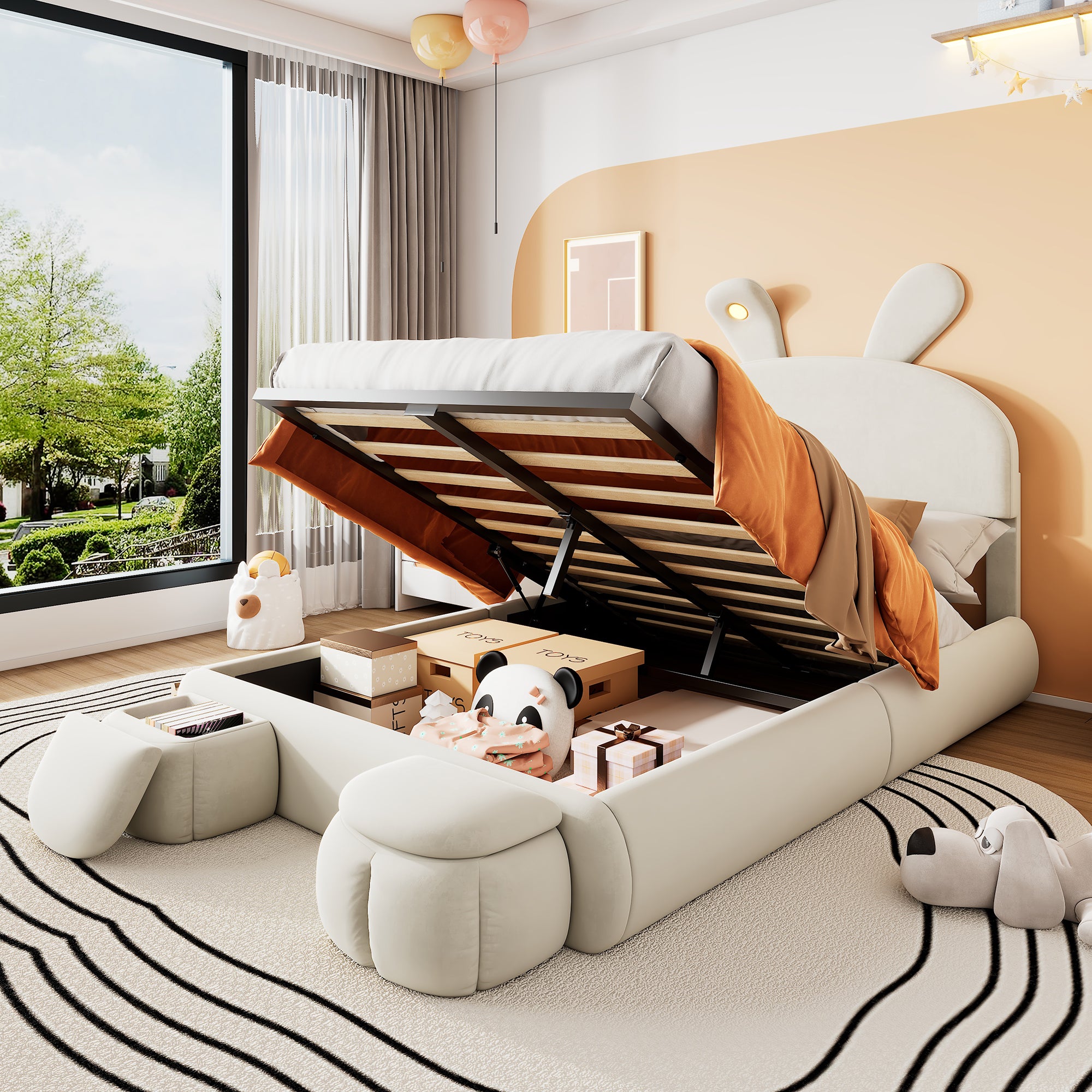 Upholstered Bed, Hydraulic with Rabbit Ears & Storage, Velvet Beige