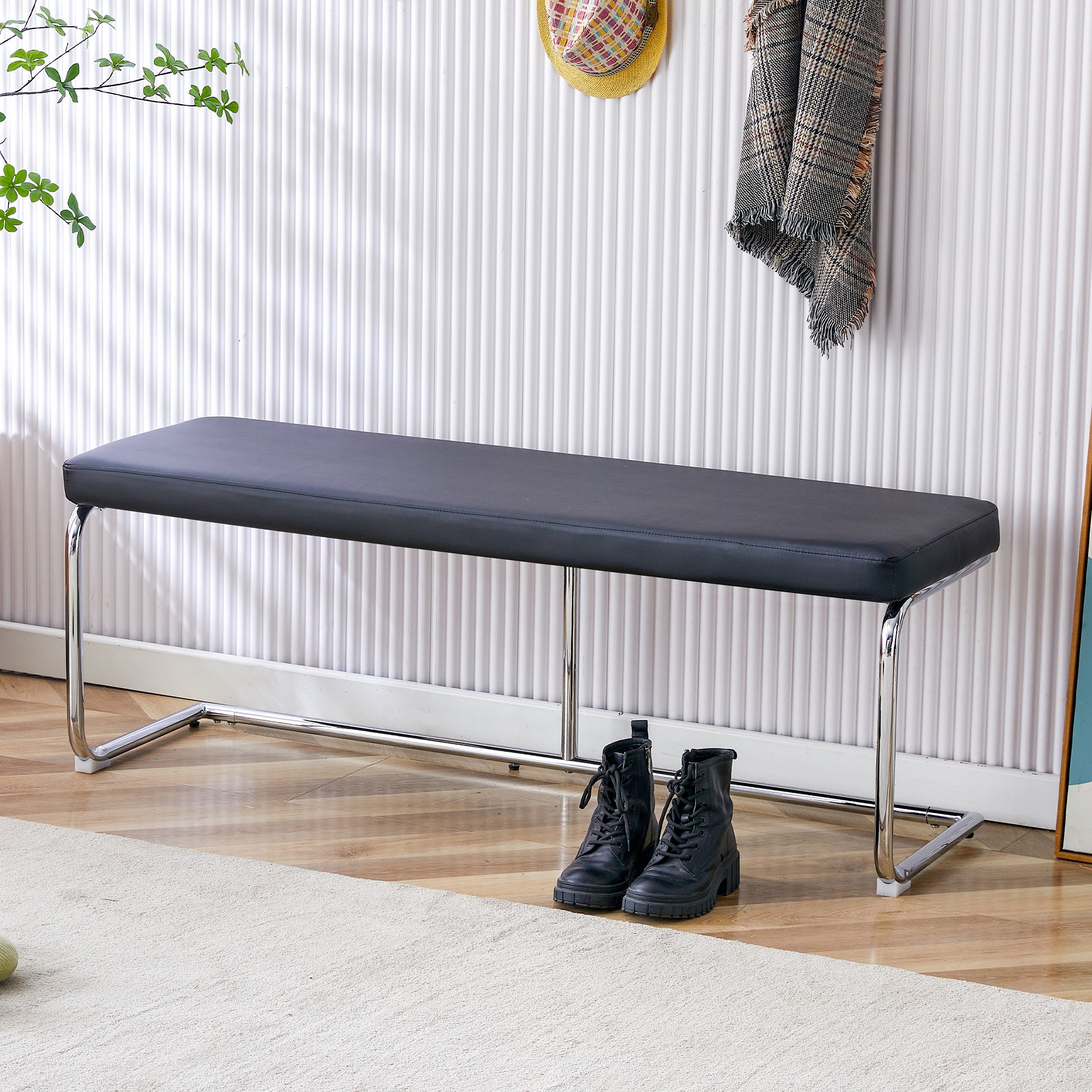 Bench 130cm Modern for Dining Room Hallway Leather Black