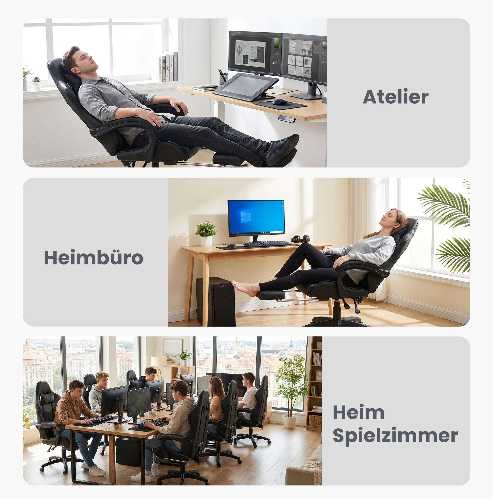 360° Swivel Gaming Chair, Ergonomic Racing Design High-Back Office Chair with Footrest, Headrest, and Lumbar Support - Black Leather