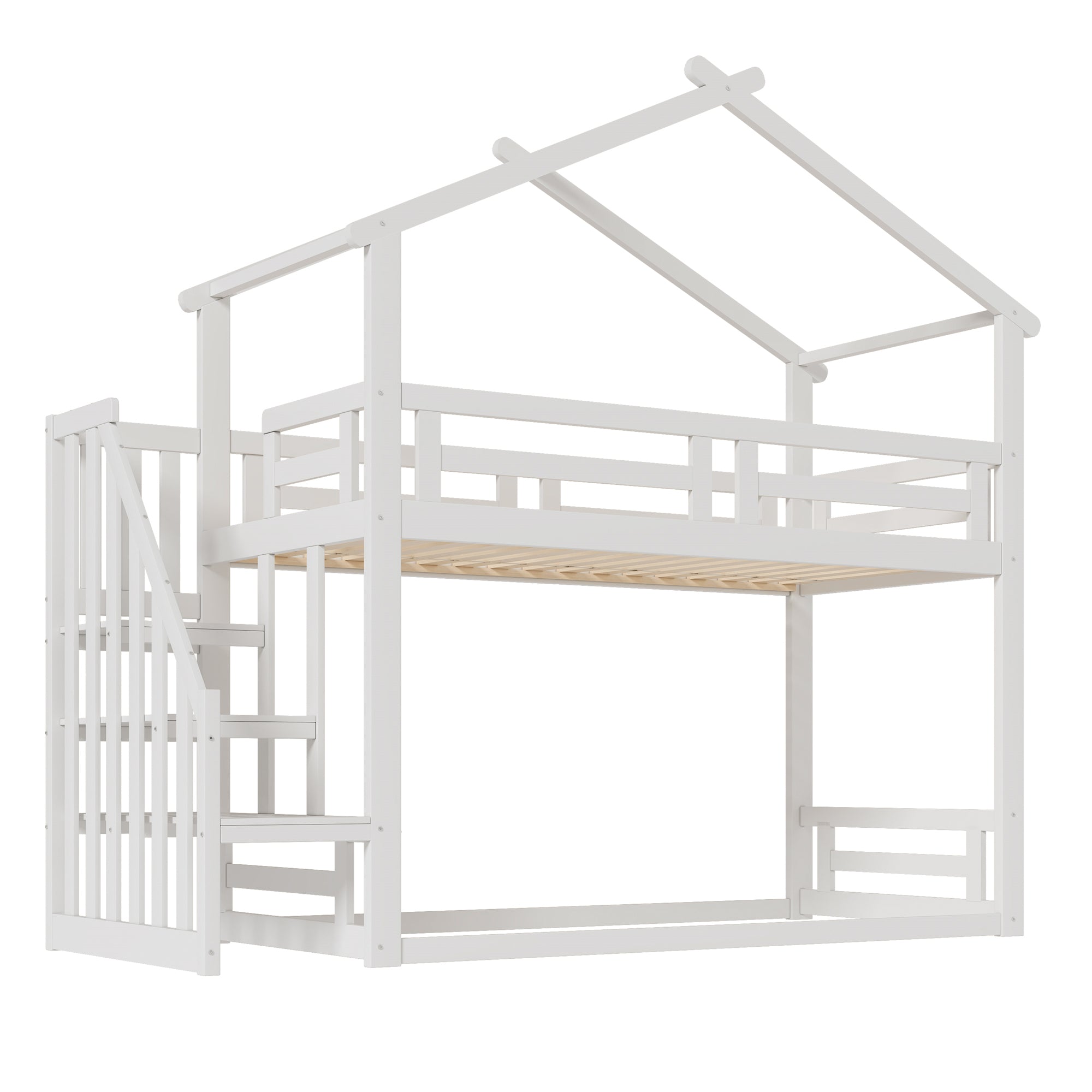 Children's Bed 90x200cm, Low Bunk Bed with Safety Stairs, Solid Wood, White
