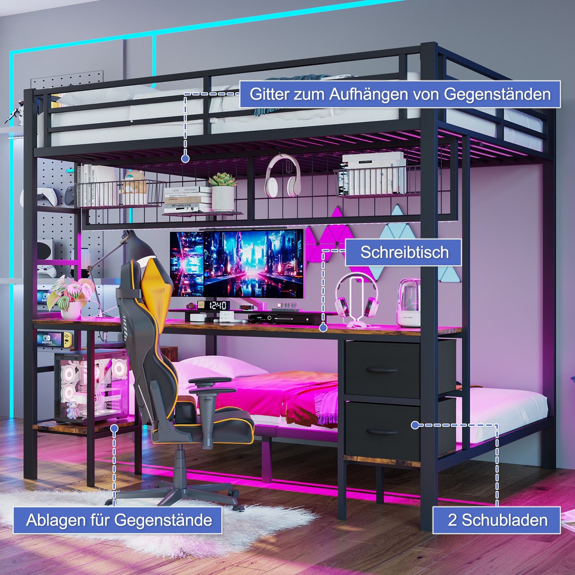 Loft Bed 90x200/140x200 Iron Frame Drawers Desk Storage LED USB Black