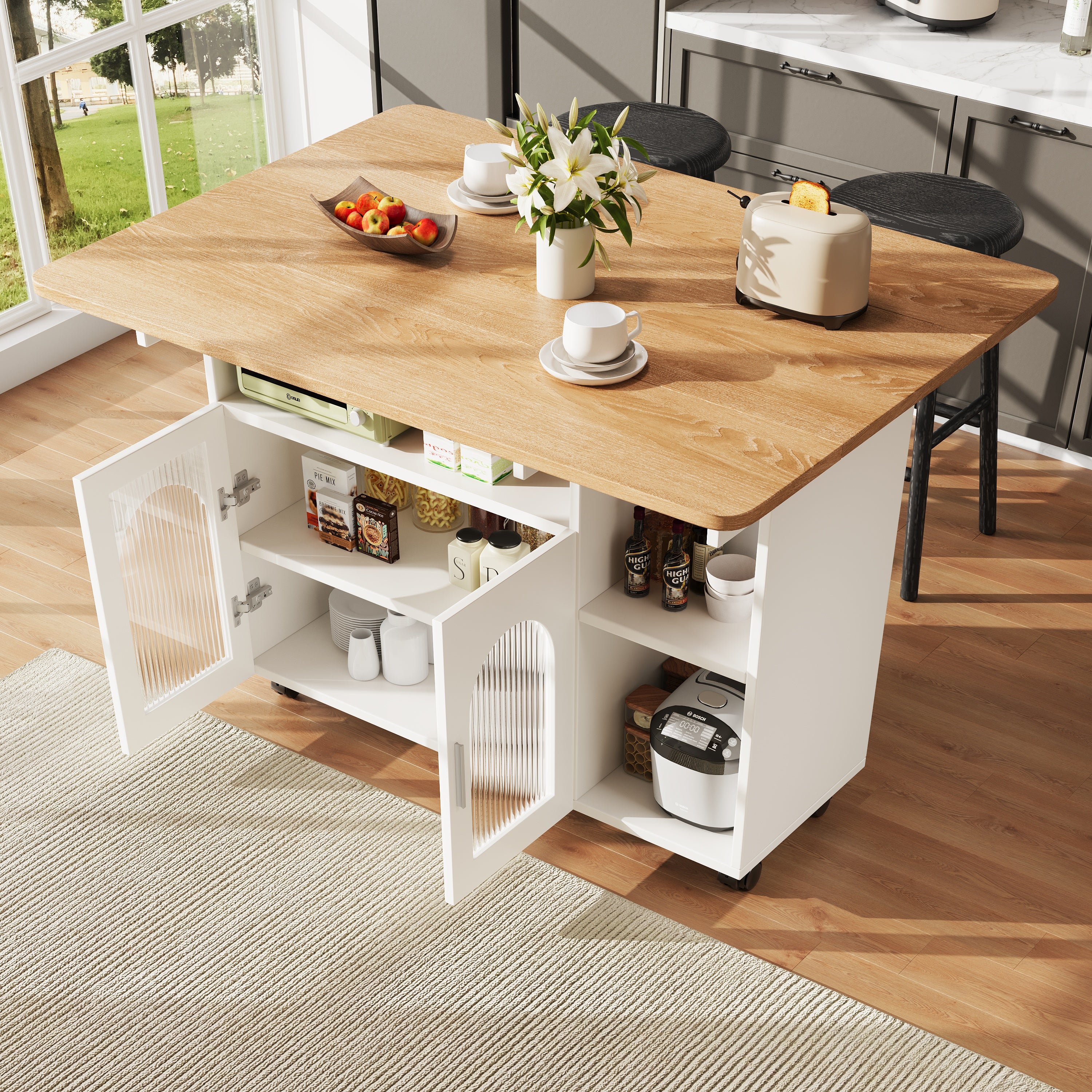 Kitchen Island Dining Cart - Multifunctional Storage, Removable - White Wood Grain