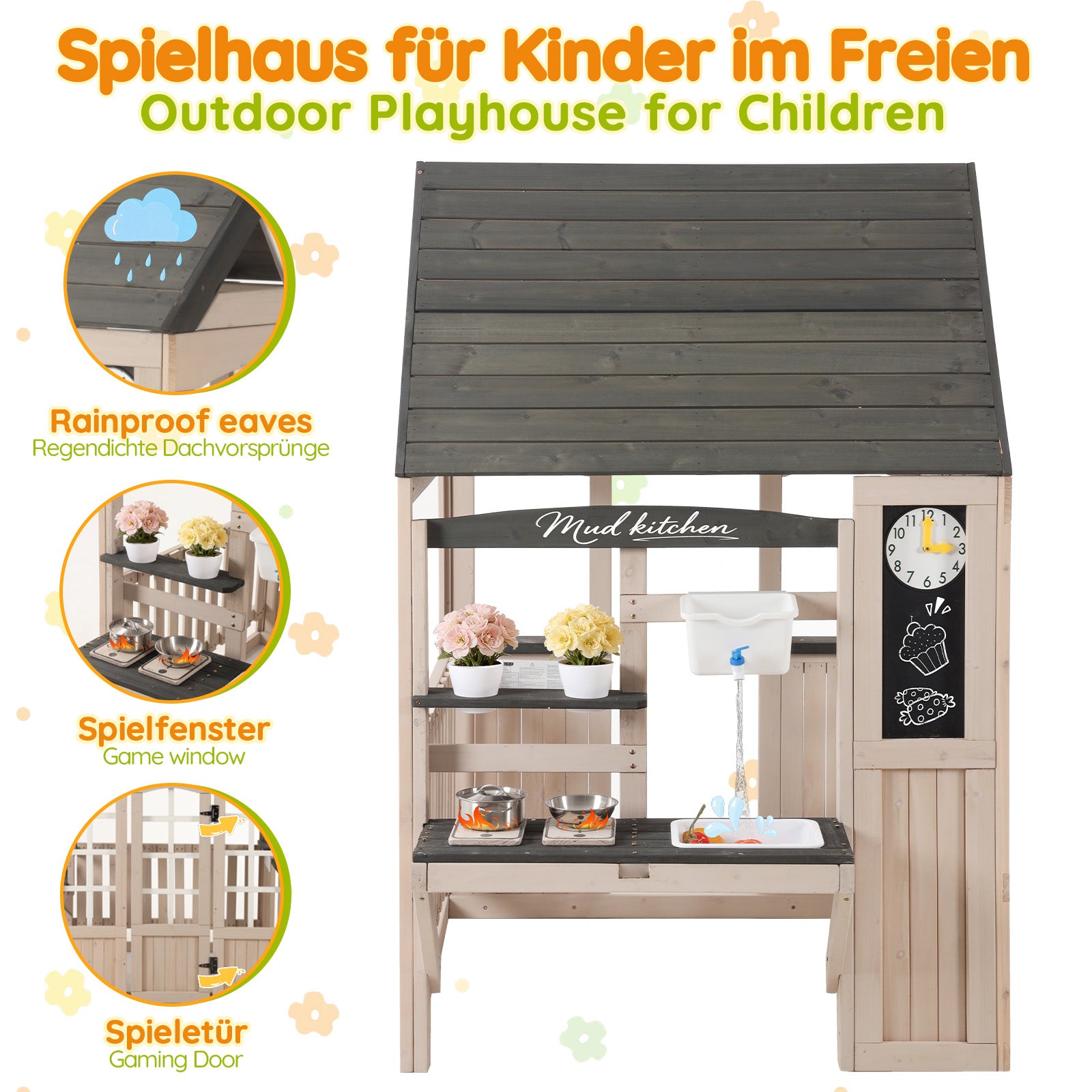 Outdoor Mud Kitchen with Real Tap and Garden Accessories, Wood