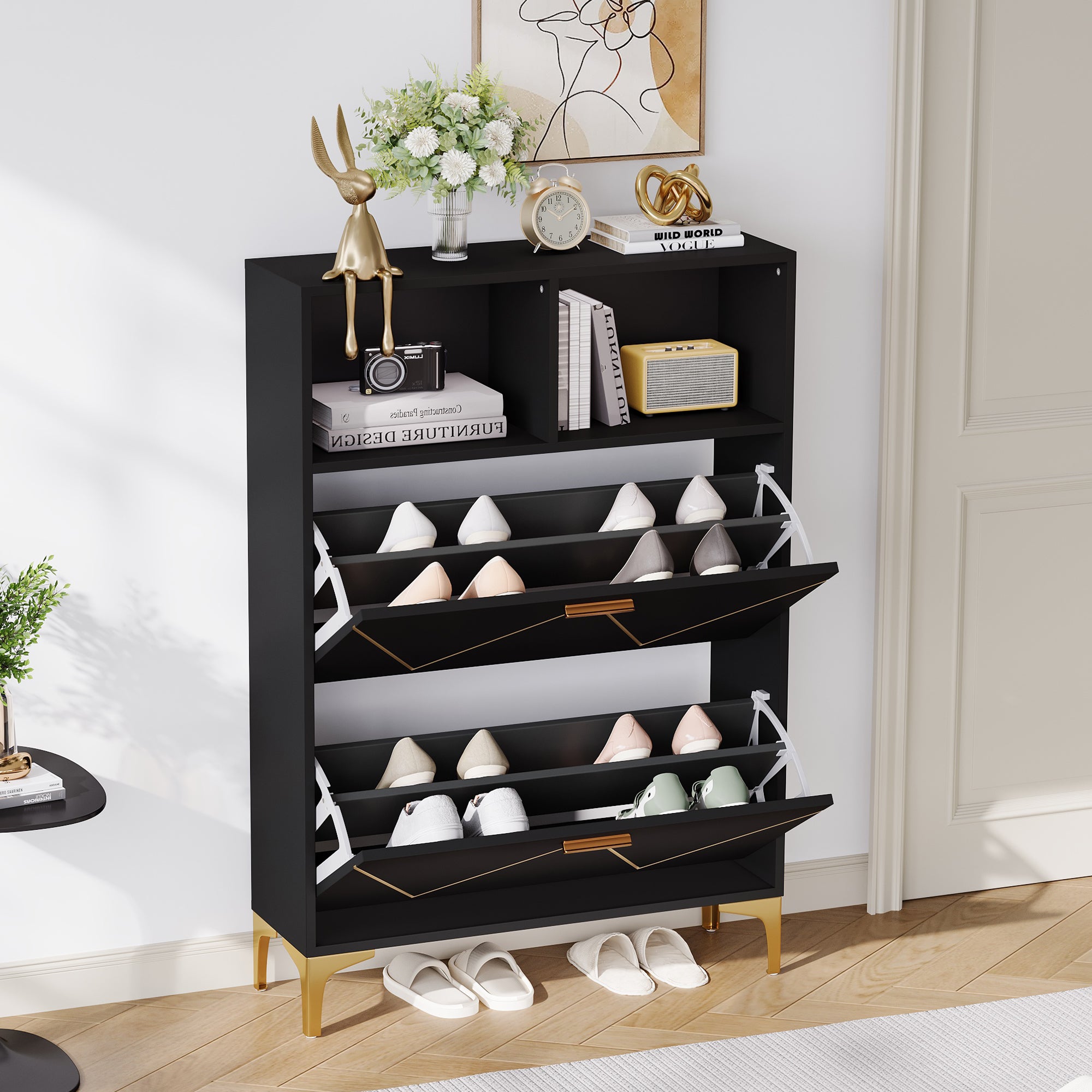 Shoe Cabinet 80x25x117cm Drop-Down Doors Storage Shelves Raised Legs, MDF+Metal