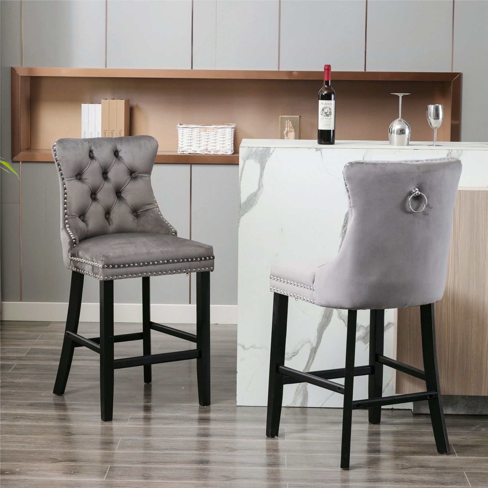 Contemporary Velvet Upholstered Barstools Set of 2 with Button Tufting & Wooden Legs, Gray