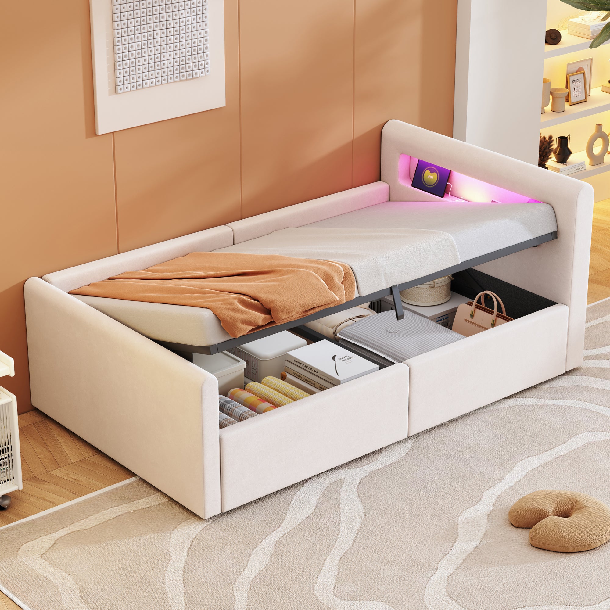 Upholstered Children's Bed 90x200 cm, LED/USB, Hydraulic Storage, Shelf, Velvet Fabric Beige
