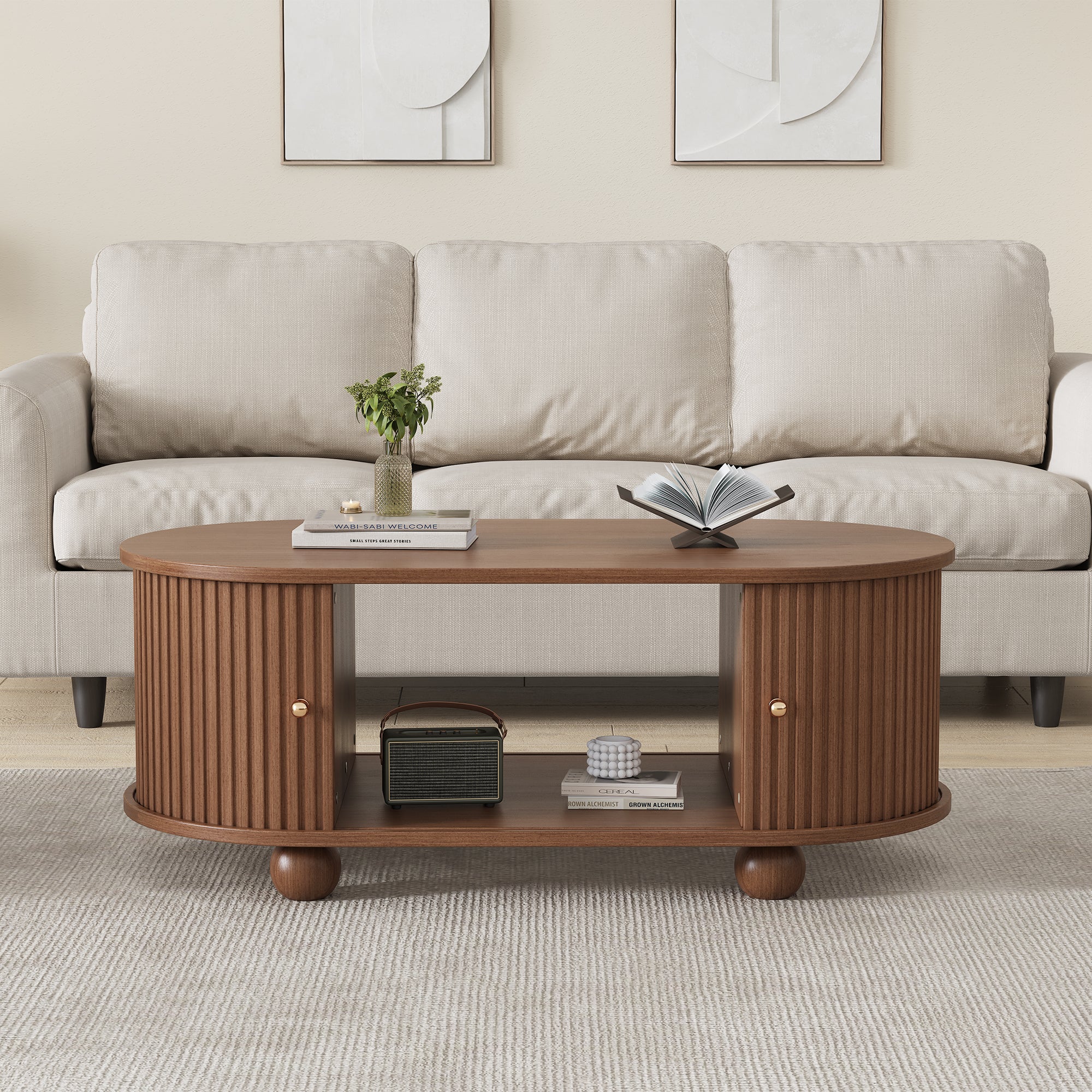 Oval Coffee Table with Sliding Doors and Storage, Oak MDF