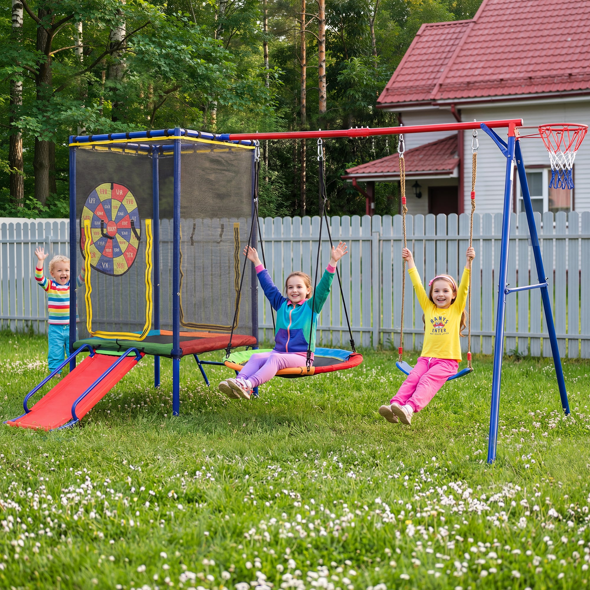 Multifunctional Outdoor Swing Set with Trampoline, Slide, Basketball Hoop and Nest Swing, Stable Steel Construction