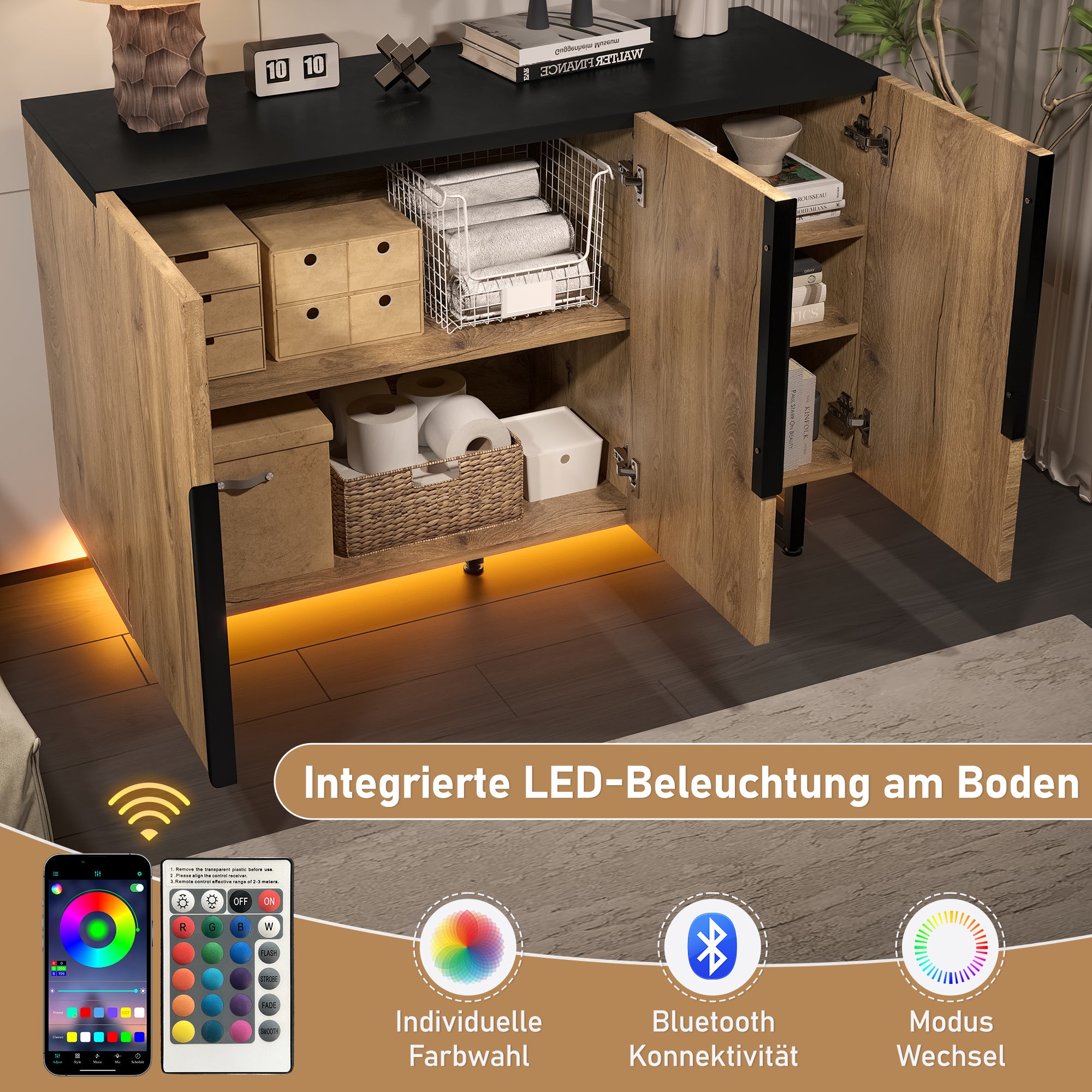 Sideboard, Retro with Integrated LED Lighting, Freestanding, Adjustable Shelves, Stylish Design