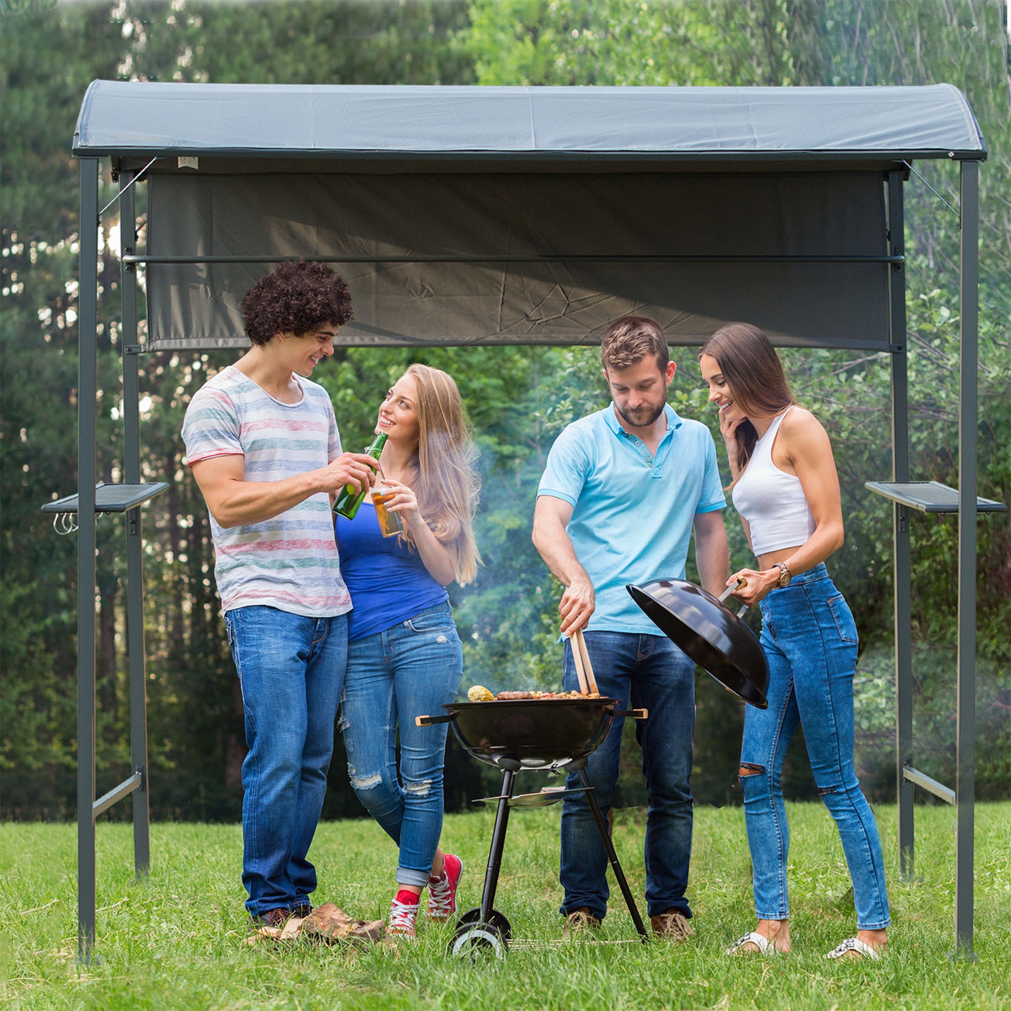BBQ Gazebo, Flame-Retardant Roof 2 Shelves 218x138x216cm, Black Polyester