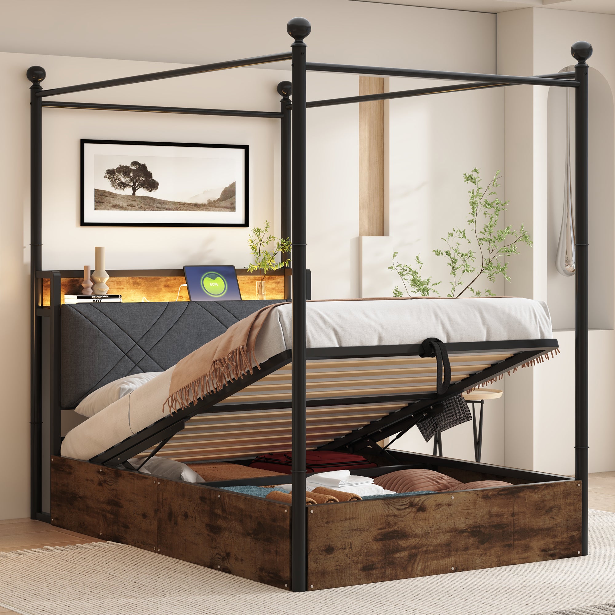 Multifunctional Single Bed 90x190 Hydraulic Storage Canopy LED/USB, Iron Black