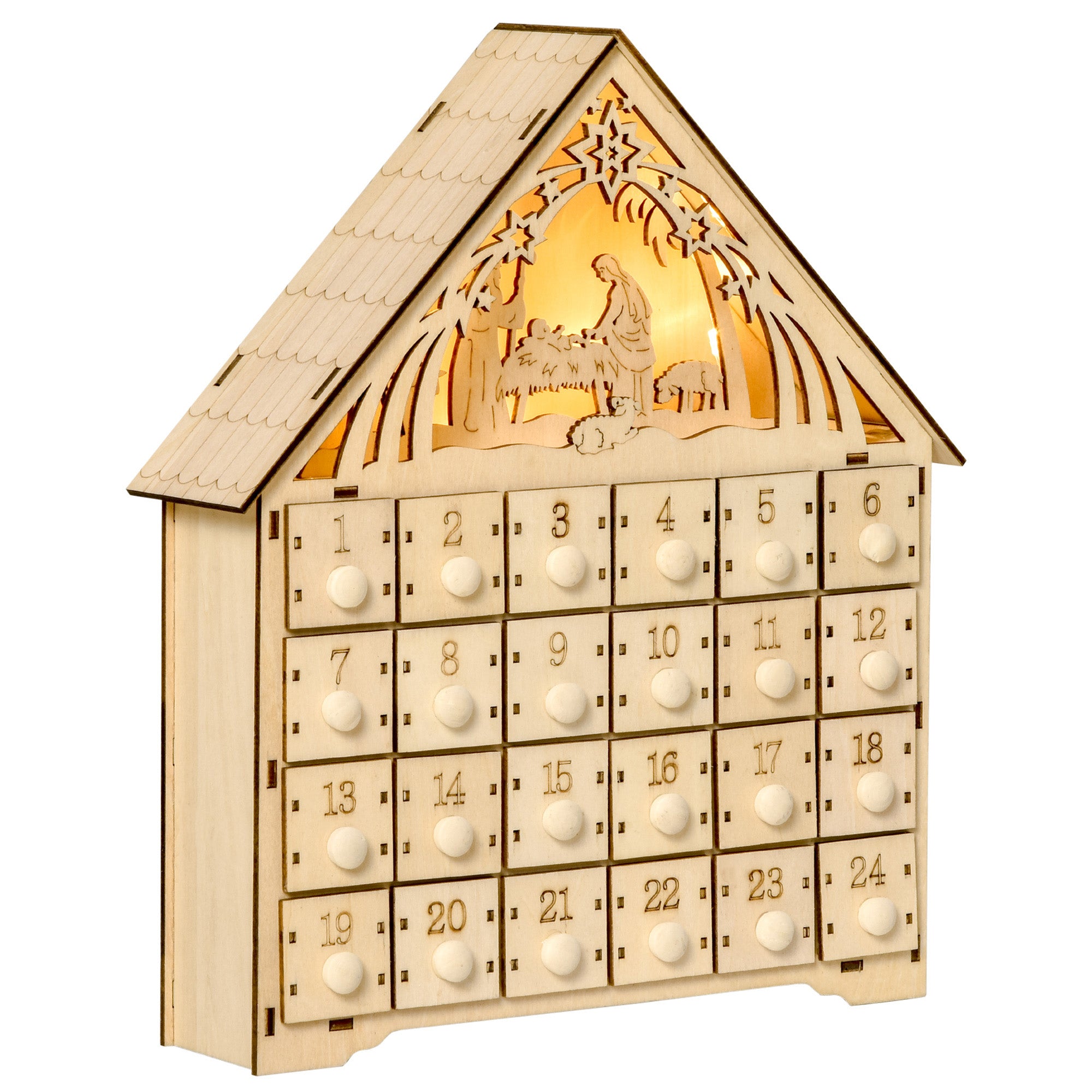 Advent Calendar, 24 Drawers, LED Lights, Natural Wood