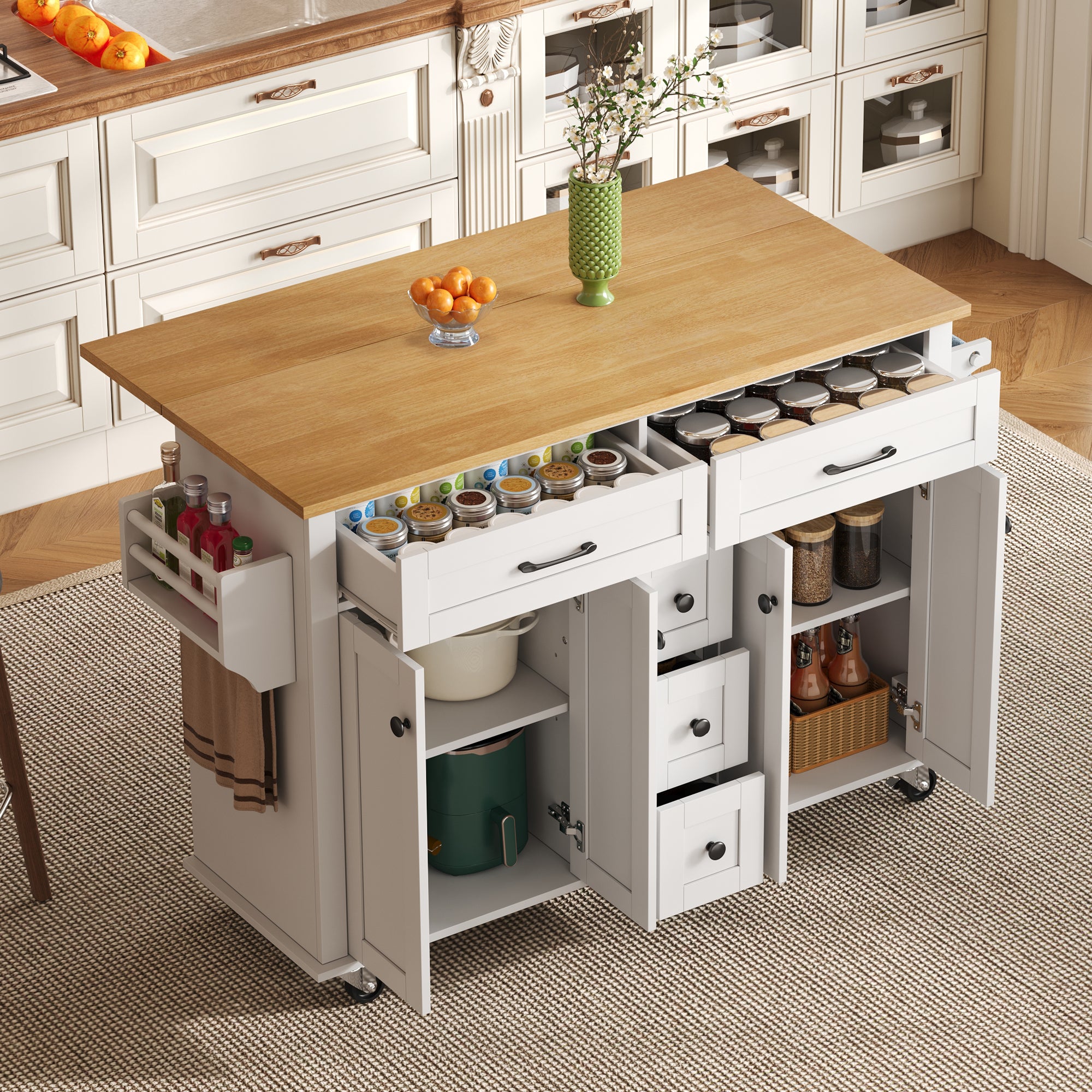 Multifunctional Kitchen Island Extendable Worktop 5 Drawers Storage Racks on Wheels