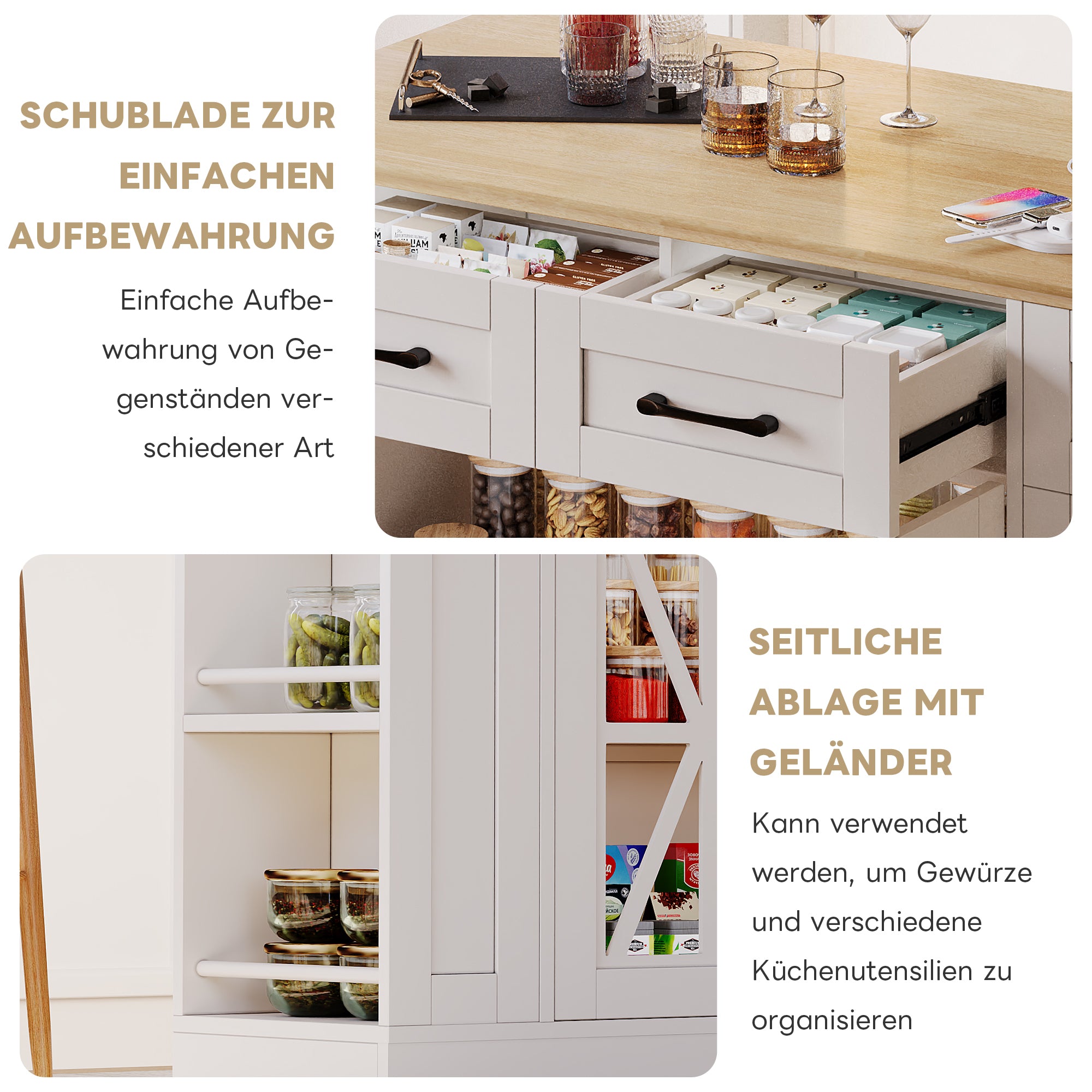 Portable Kitchen Island 120cm Folding Dining Table USB Charging Storage on Casters