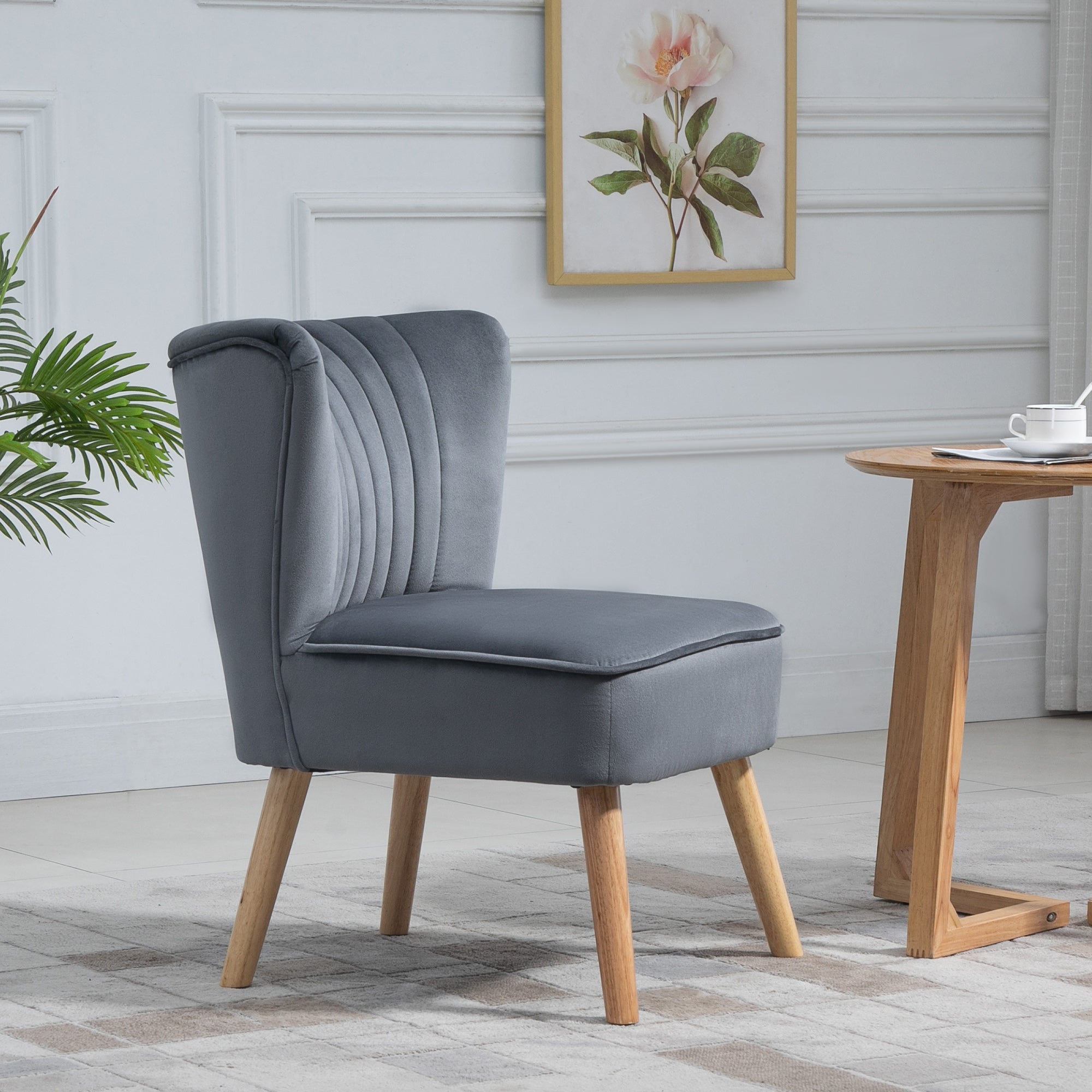 Modern Accent Chair, Fabric with Rubber Wood Legs, Grey