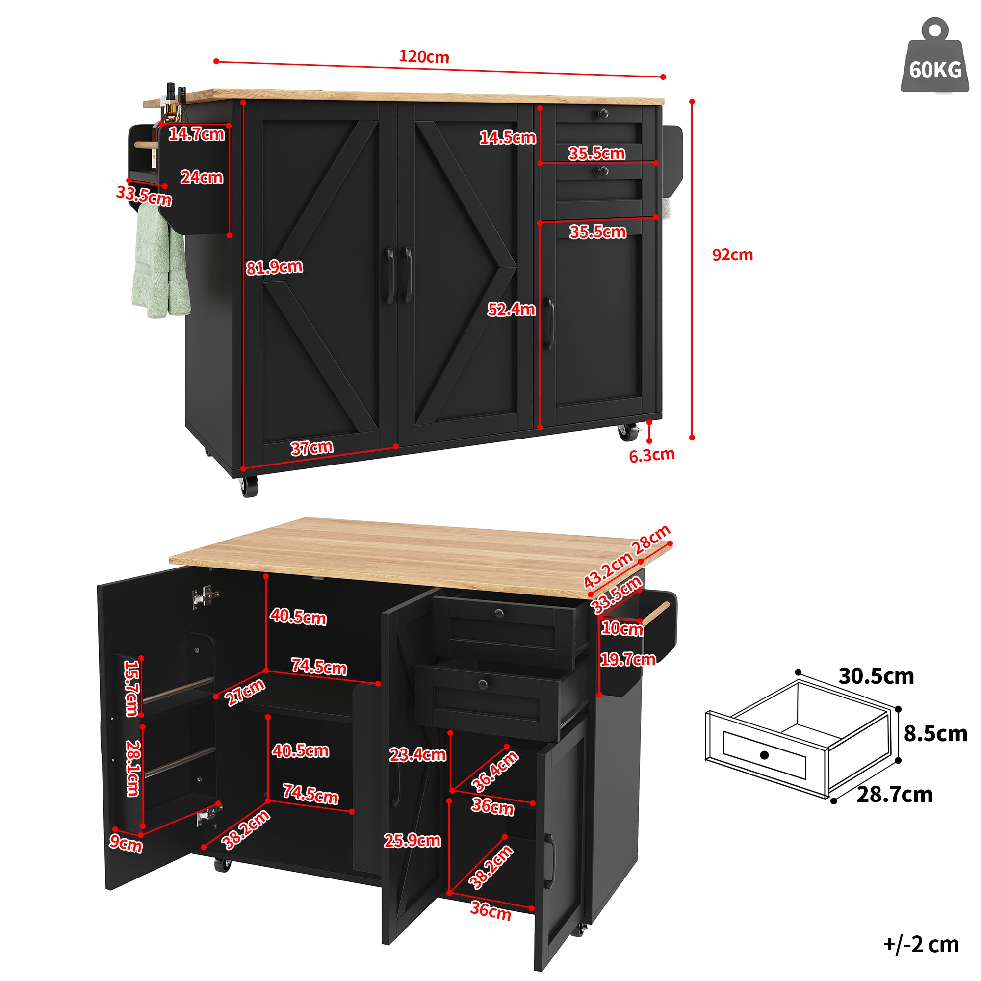 Multifunctional Kitchen Island Dining Table with Storage, Snack Shelves, Wood Grain Black