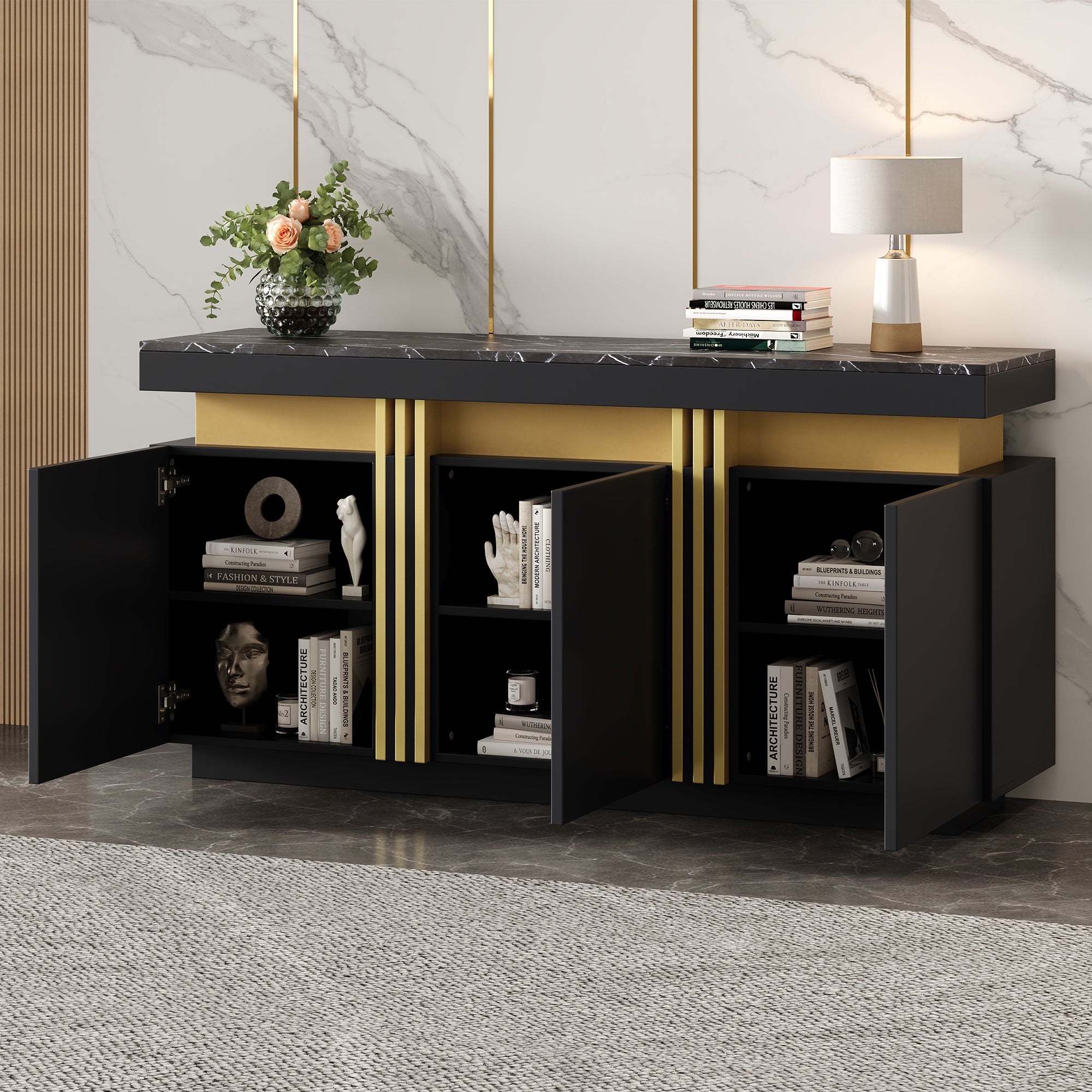 Sideboard, Display Cabinet with 3 Doors, Adjustable Dividers, Black and Gold
