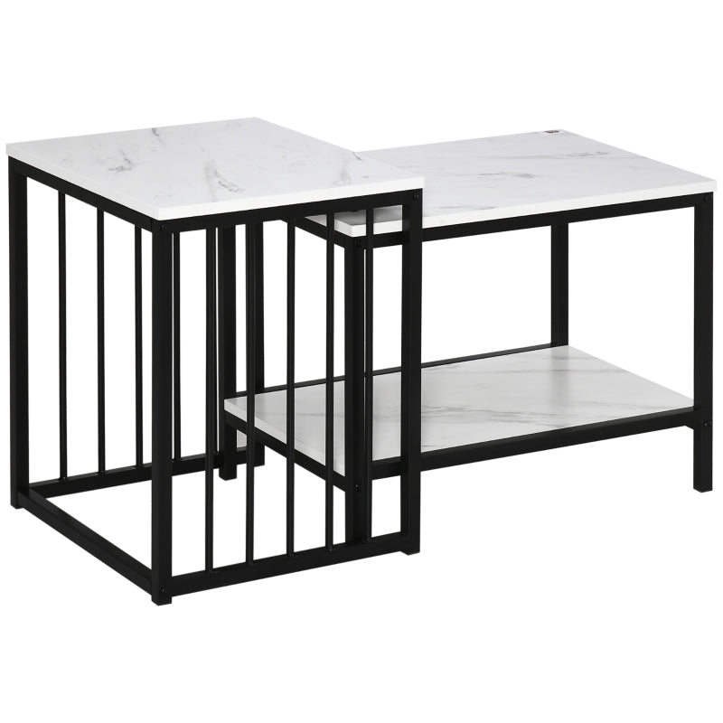 Modern Coffee Table Set of Two Nesting Side Tables, Marble-Effect Steel Frame White Black