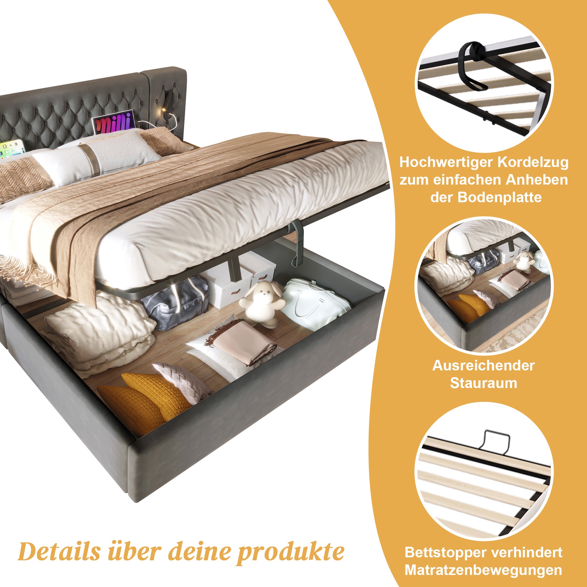 Bedroom Complete Set, Upholstered Hydraulic Storage Double Bed with 2 Bedside Tables, Reading Light, USB Charging, Gray Velvet