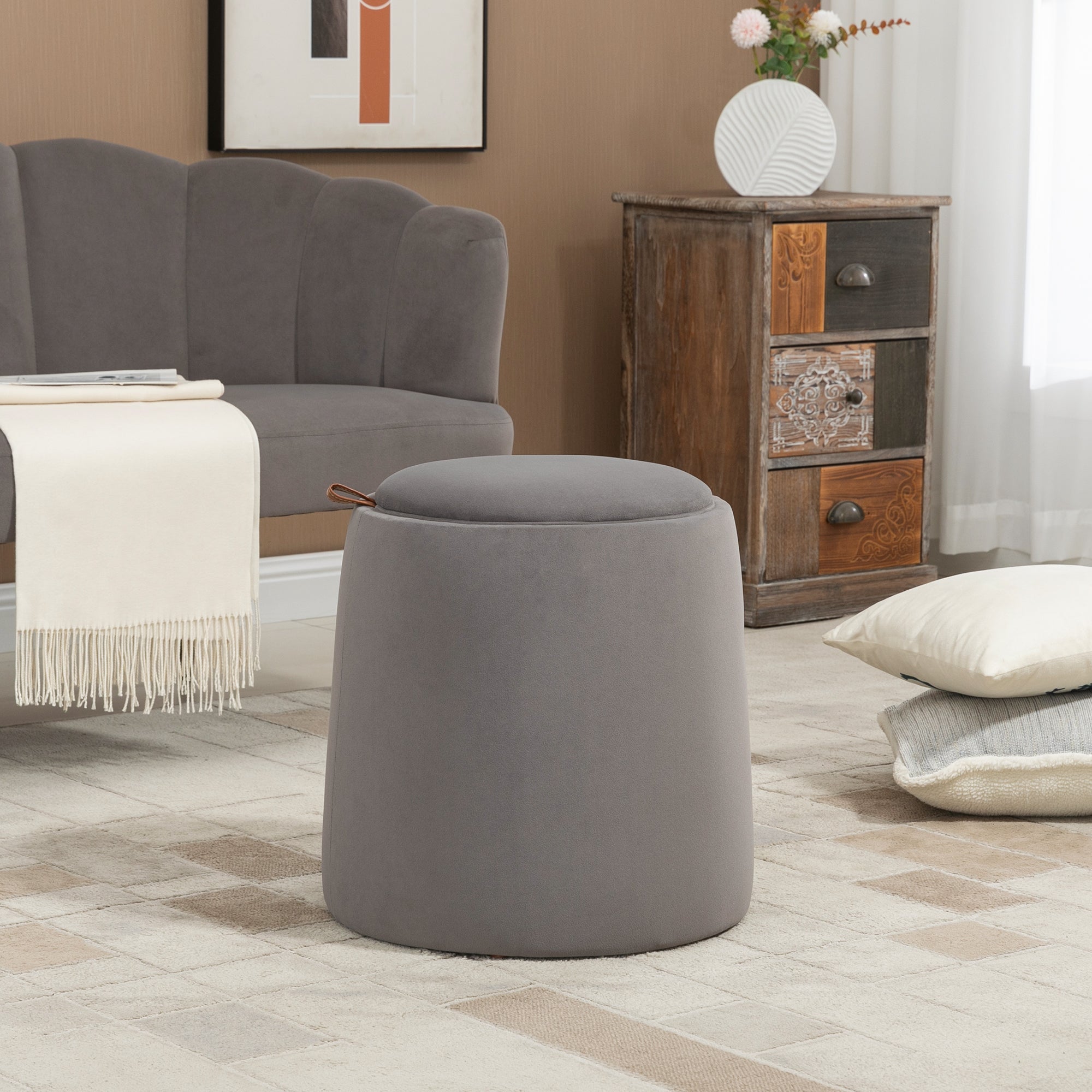 2-in-1 Ottoman/Footstool Round Upholstered with Storage Velvet, Dark Grey