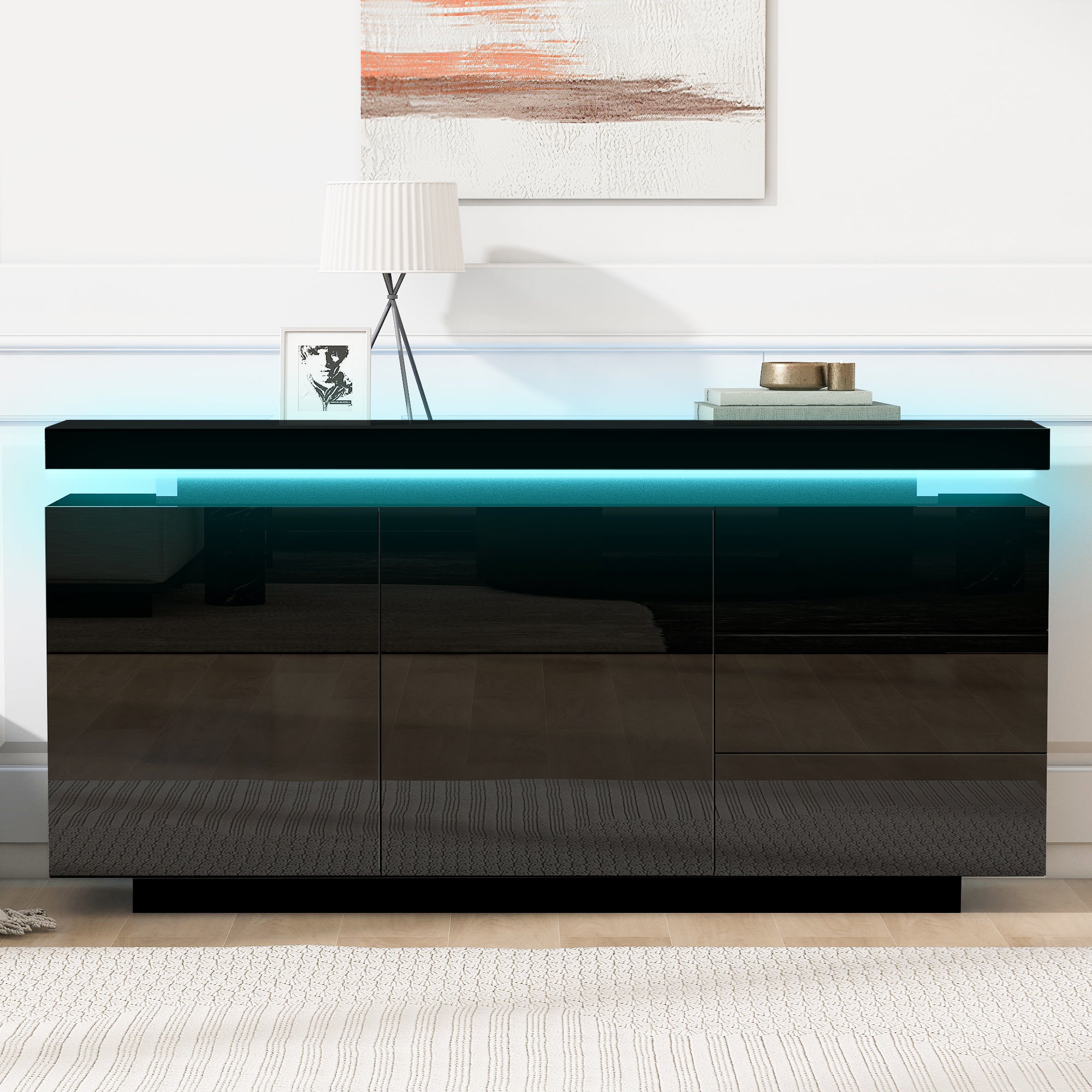 Modern Sideboard Cabinet High-Gloss LED Handleless 2 Doors 3 Drawers 140cm - Black