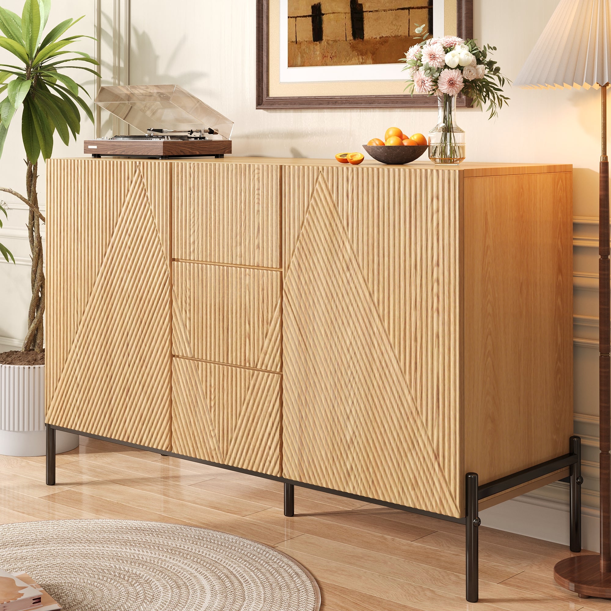 Modern Sideboard with Geometric Structure, Double Doors and Middle Drawer, Living/Dining Room Storage Cabinet