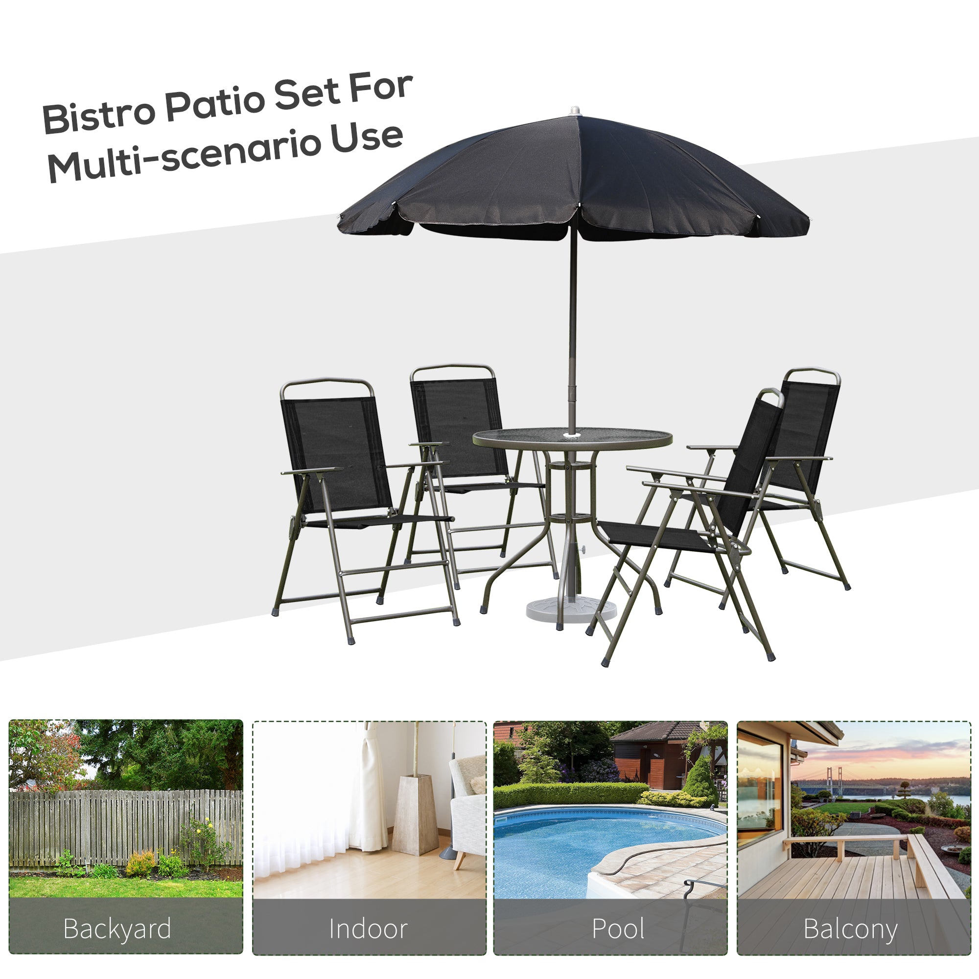 6 Piece Garden Dining Set with Umbrella, 4 Folding Chairs & Round Glass Table, Black