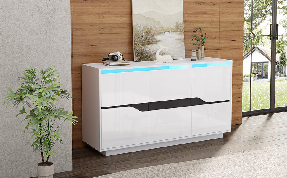 Sideboard, Living Room 140x40x76cm with 3 Doors, Adjustable Dividers, LED, White & Black