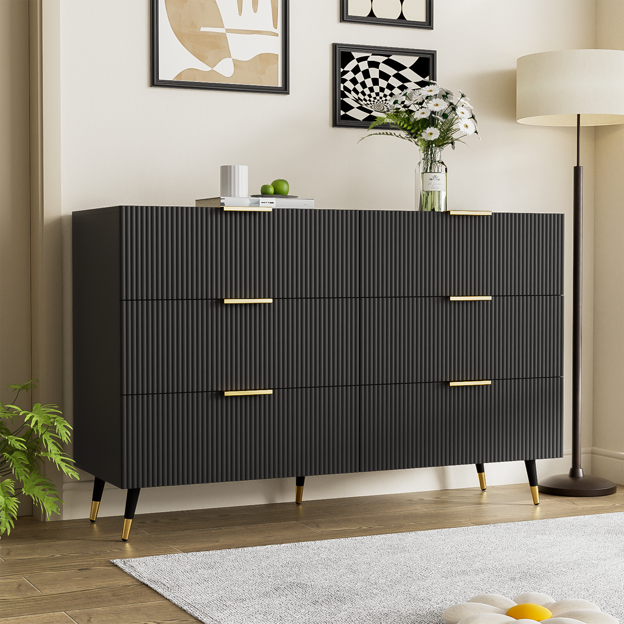 Sideboard, Modern Design Chest of Drawers, Black and Gold