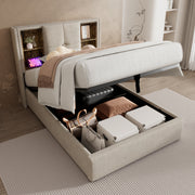 Single Bed, 90x200cm Upholstered with Wireless USB-C Charging, Storage & Wood Slats, Natural Linen
