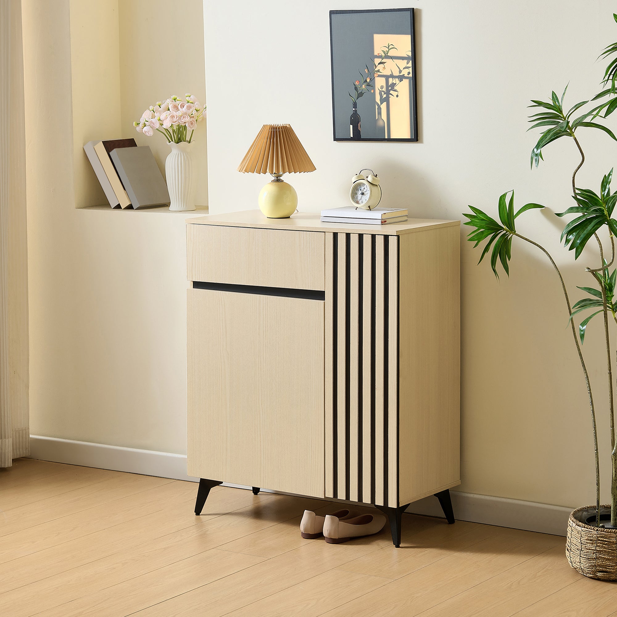 Sideboard/Shoe Cabinet with 2 Doors, 1 Drawer, Adjustable Shelves, Light Wood MDF