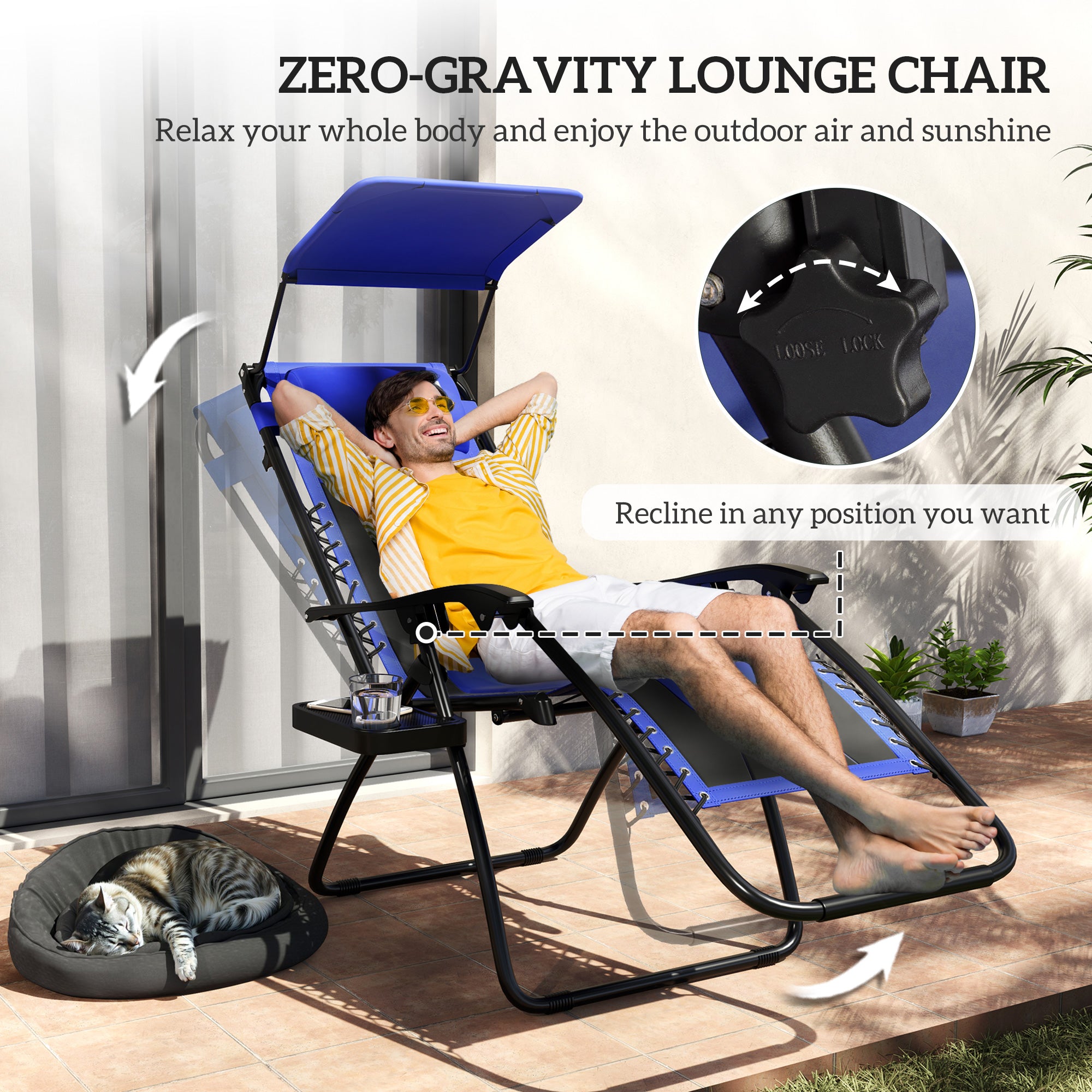 Zero Gravity Lounger Chair Set of 2, Folding Reclining with Shade, Cup Holder, Blue