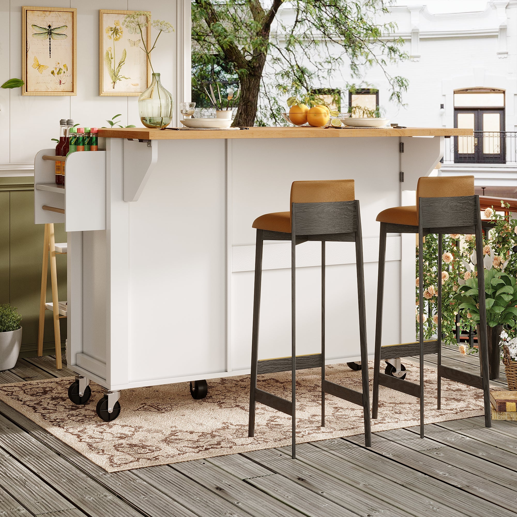 Mobile Kitchen Island with Foldable Table and Storage Drawers, White MDF