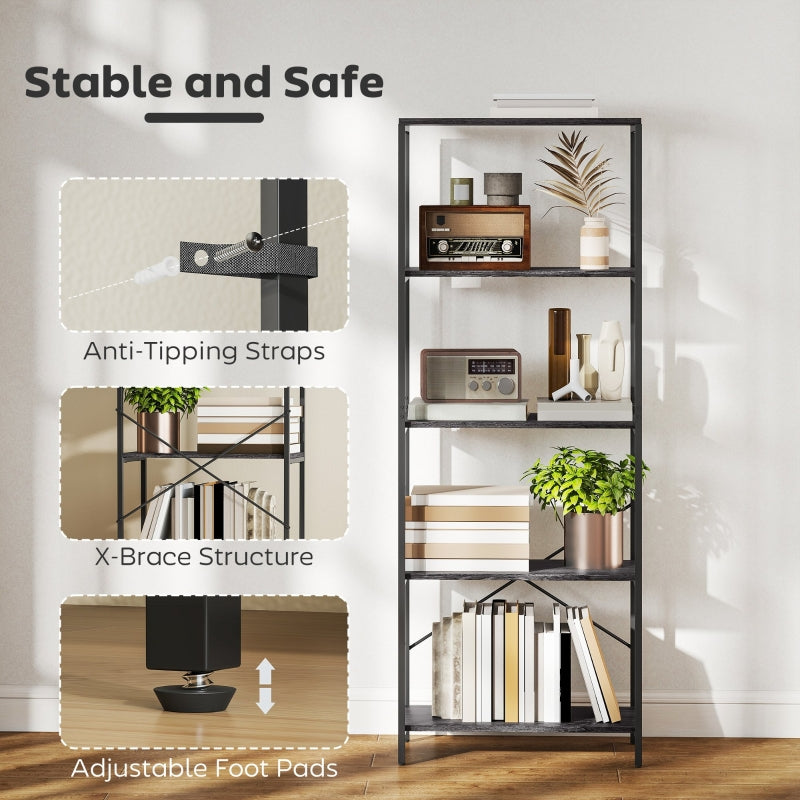Bookshelf, 5-Tier Industrial Bookcase with Metal Frame, Dark Grey and Black