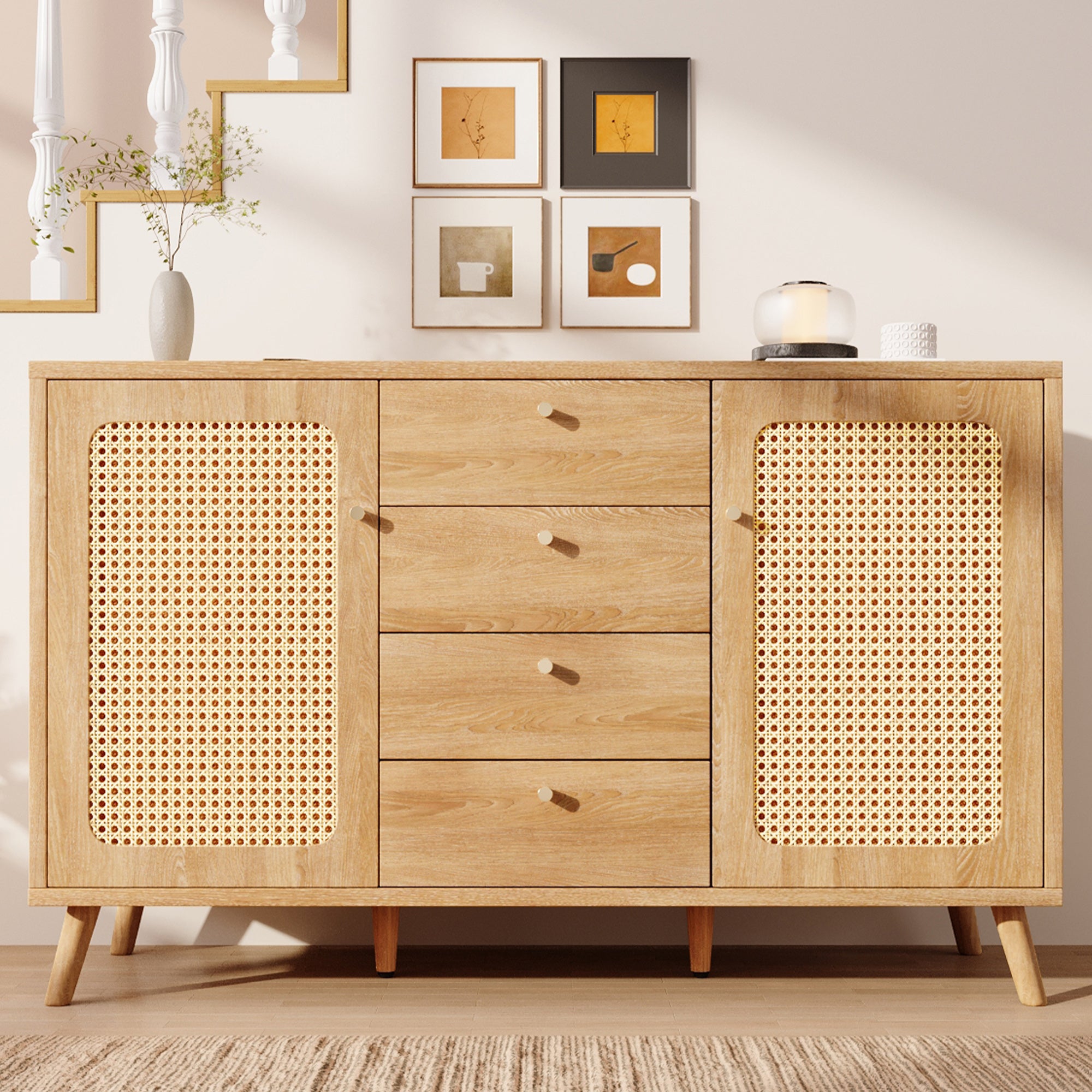 Sideboard Rattan Look Storage Cabinet 4 Drawers 2 Doors - Light Oak