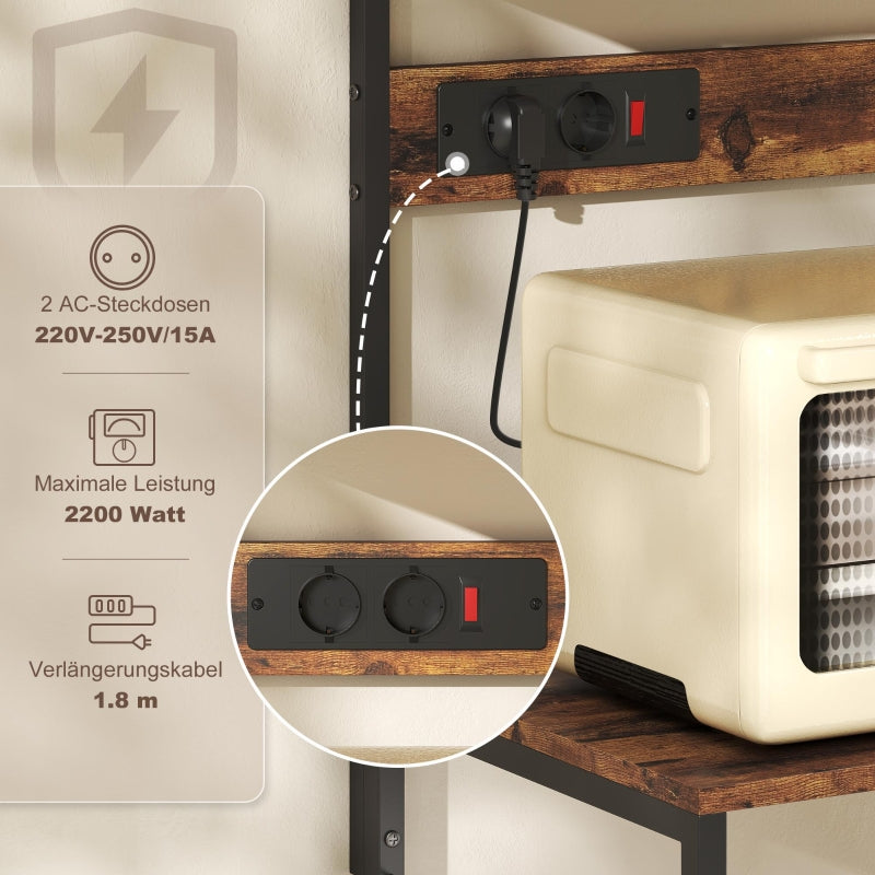 Freestanding Kitchen Shelf 5 Shelves 5 Hooks Power Outlet - Rustic Brown