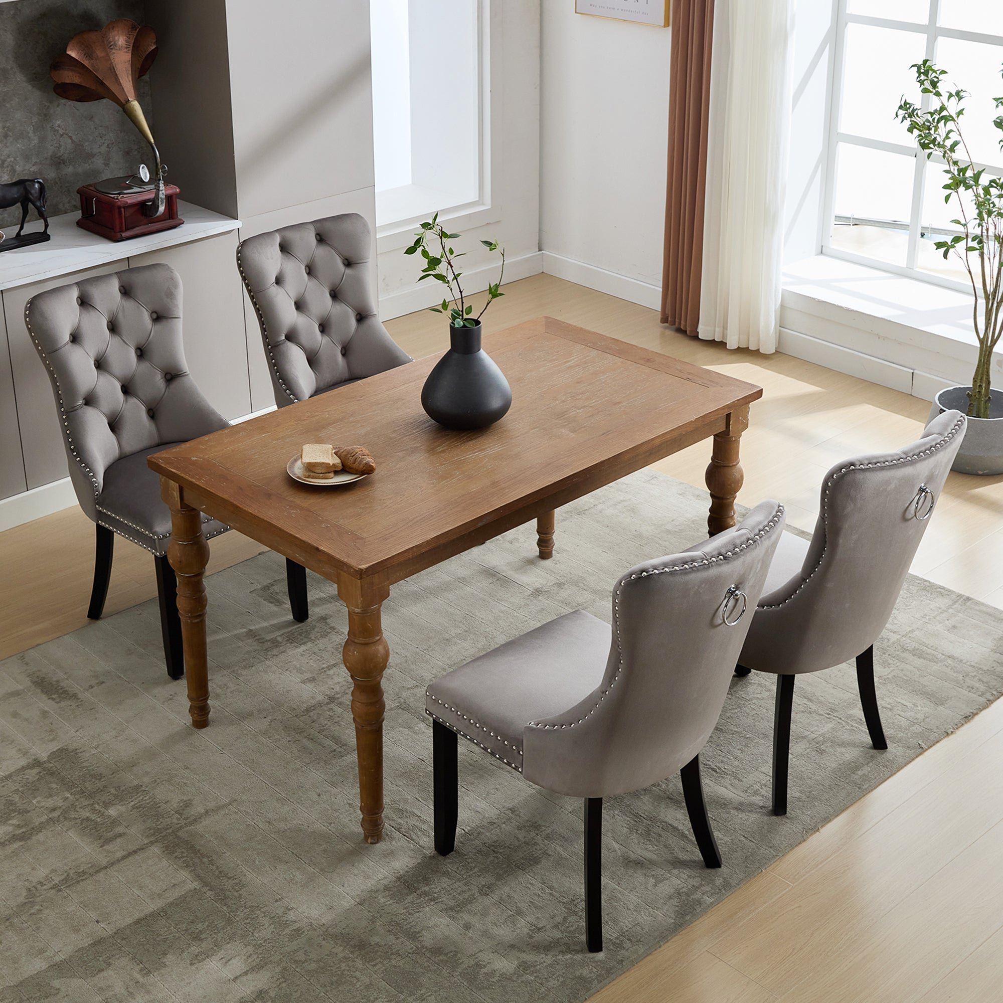 Modern Set of 4 Upholstered Dining Chairs with Button Tufted Velvet, Solid Wood Legs, Riveted Trim, and Knocker Ring, Grey