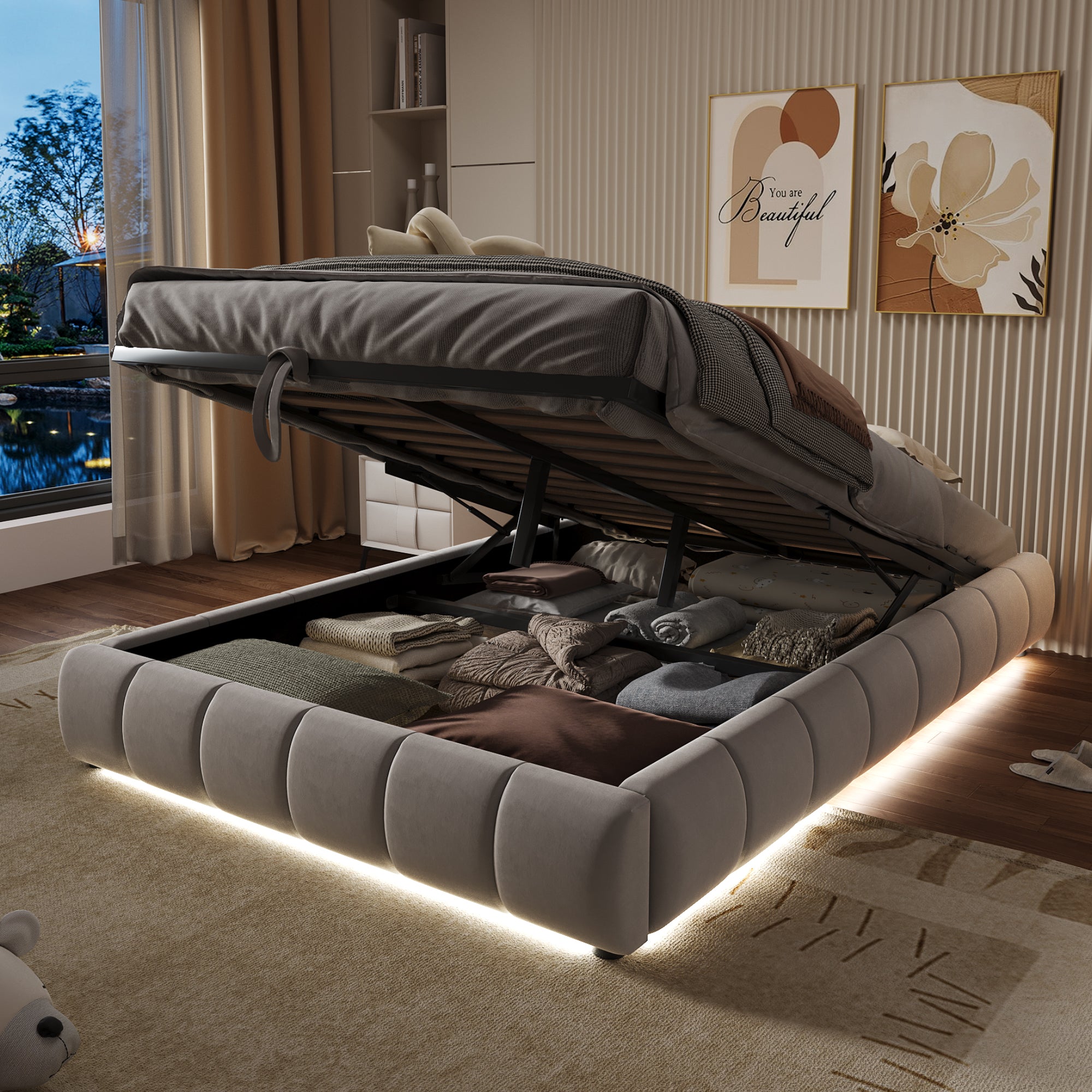 Upholstered Bed, 140x200cm, LED Light, Hydraulic Floating, Beige