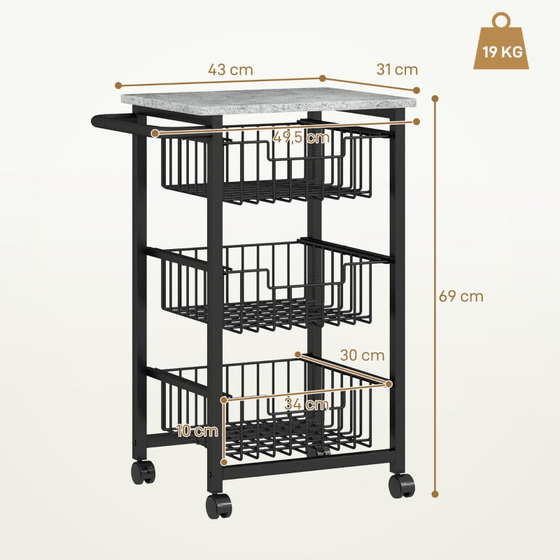Kitchen Trolley 3-Tier Rolling 3 Steel Baskets