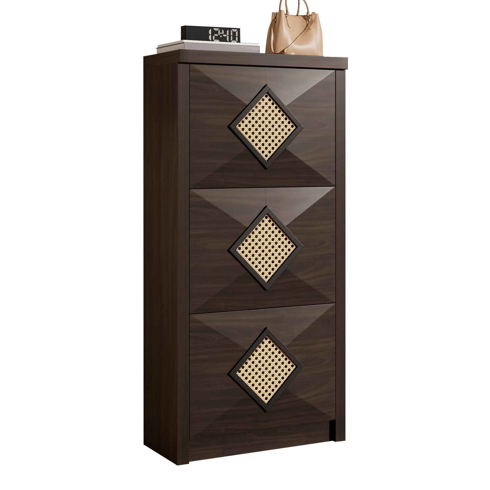 Vintage Shoe Cabinet, Space-Saving 3 Drop-Down Compartments, Dark Brown Rattan Decor