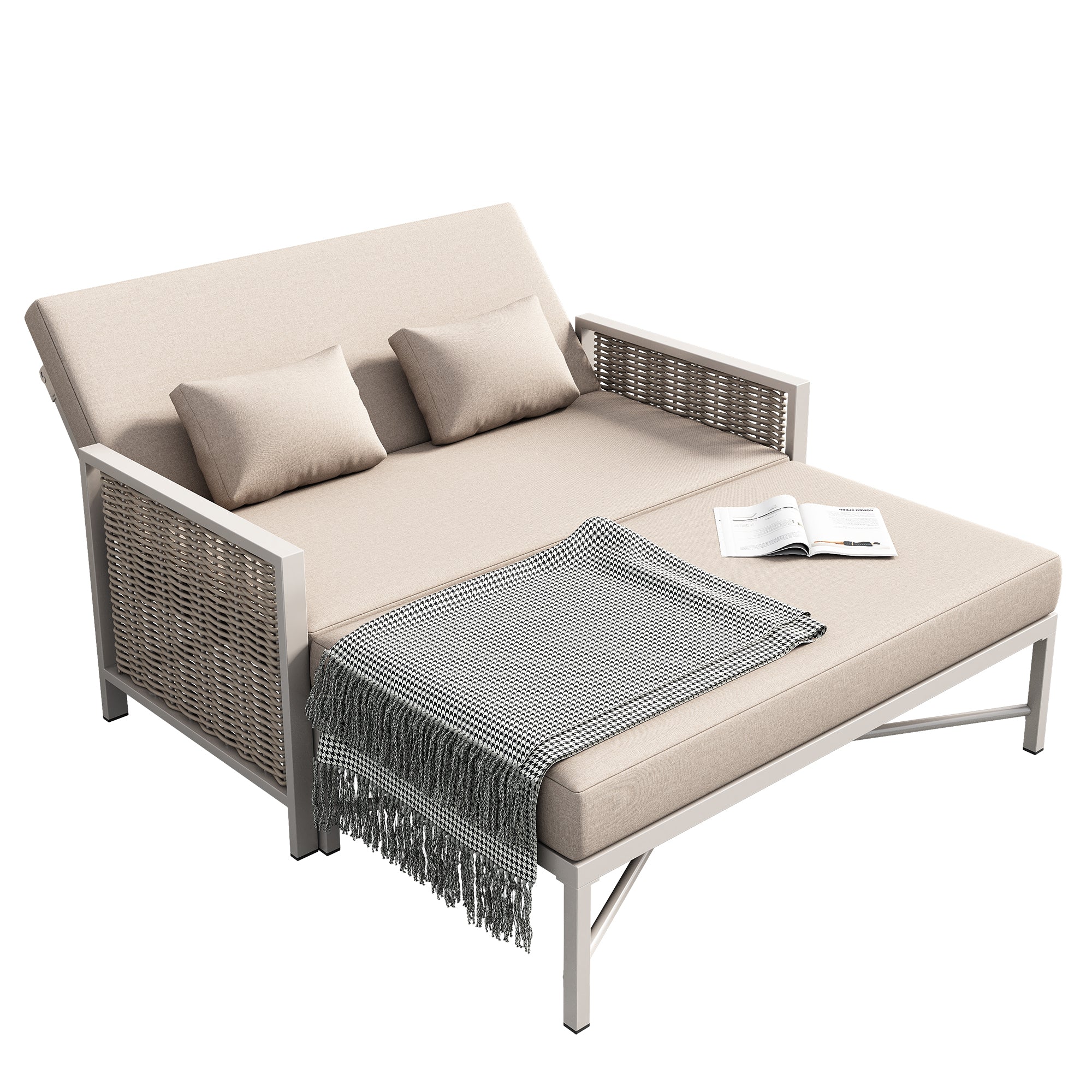 Outdoor Daybed with Adjustable Backrest and Retractable Footrest, Khaki and Beige