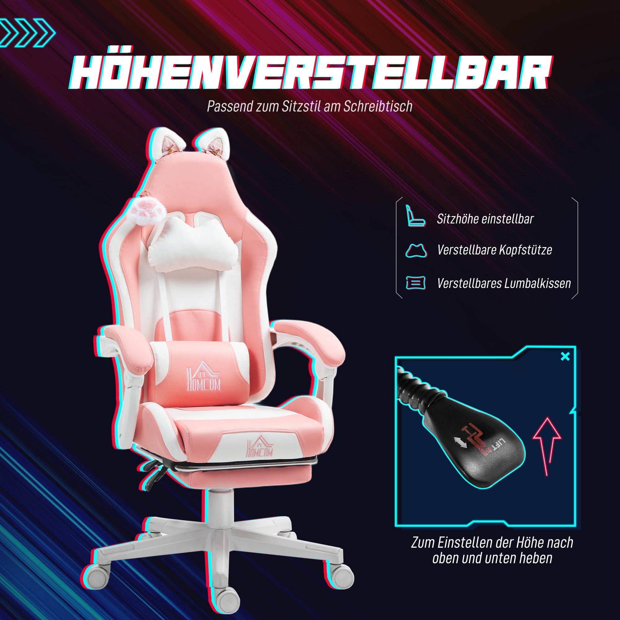 Gaming Chair with Lumbar Support, Footrest, Cat Ears, Pink