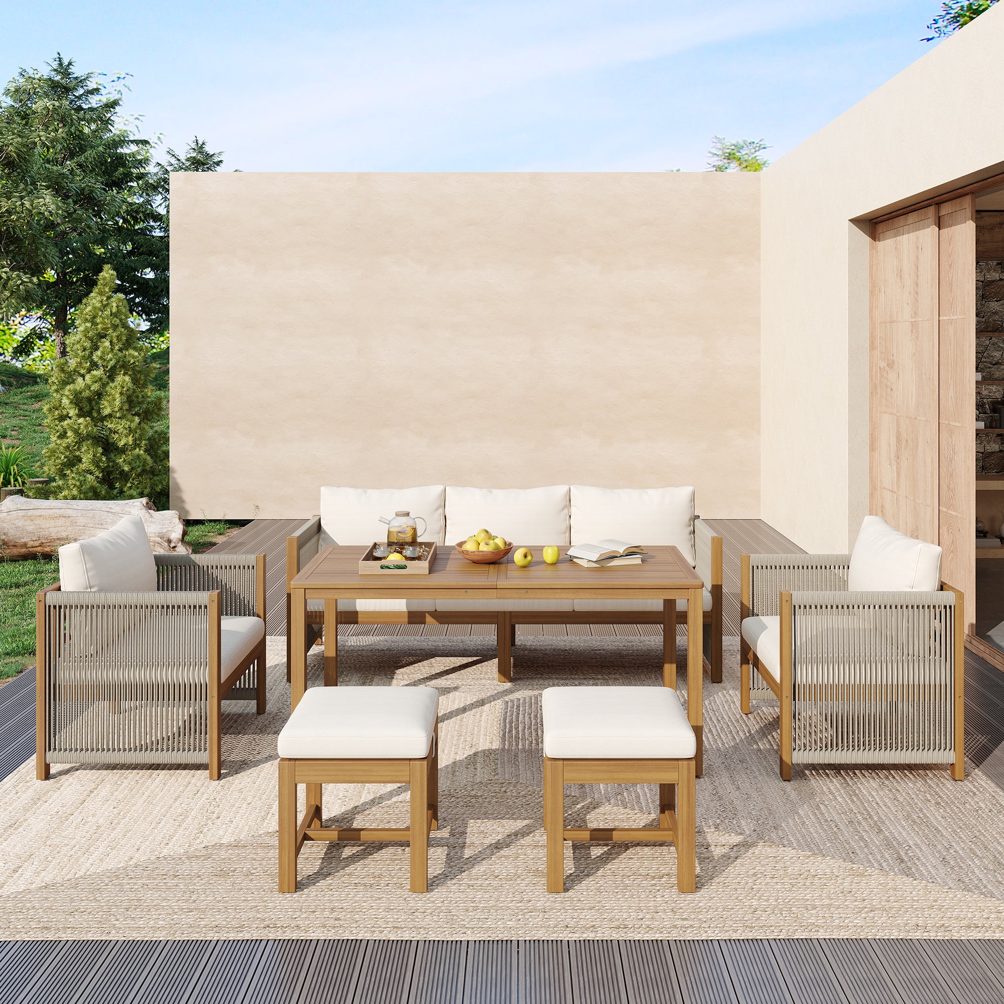 Garden Furniture Set, 6-Piece Modular Sectional with 3-Seater Sofa, 2 Chairs, 2 Stools and Acacia Table, Beige