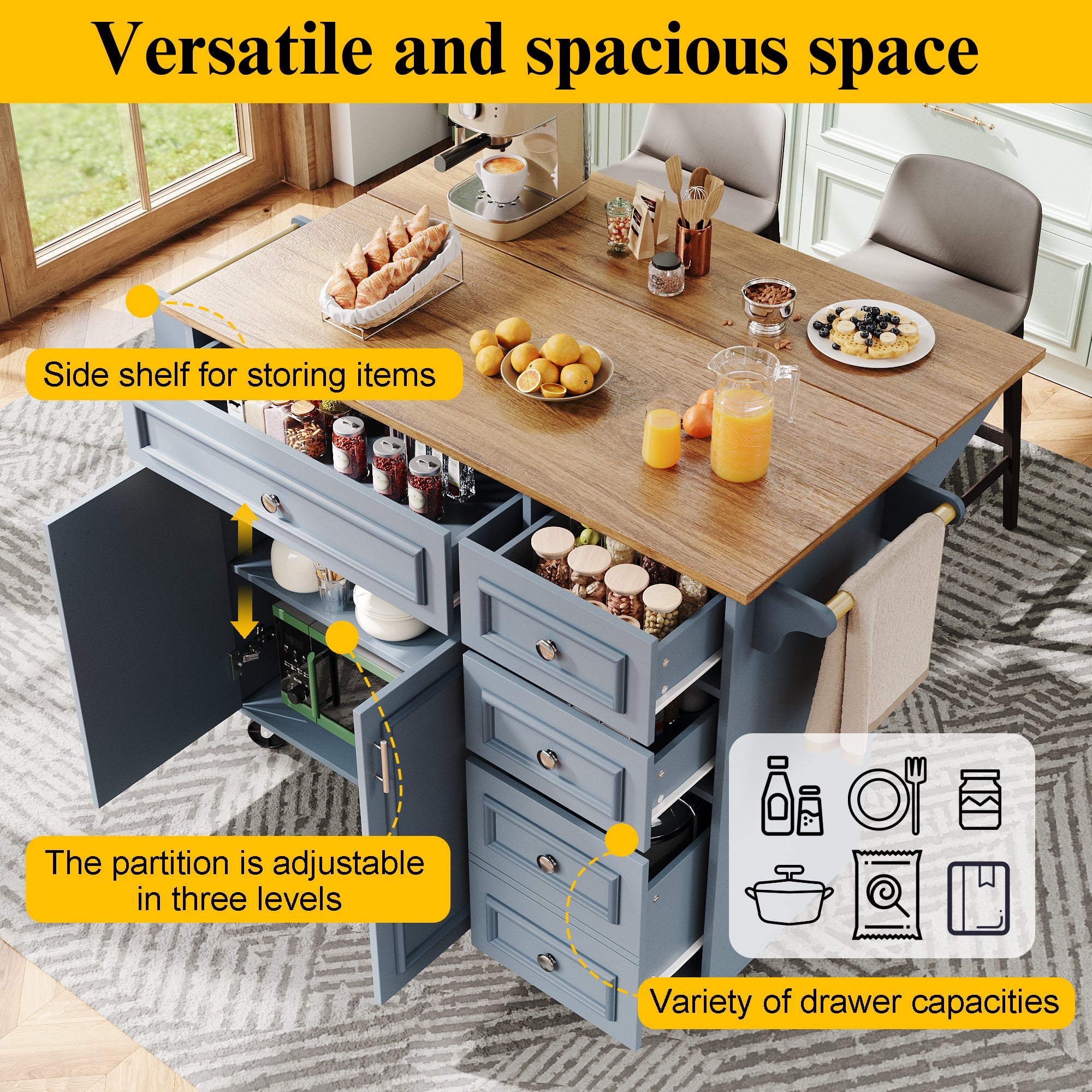 Kitchen Island 110cm Extendable Dining Table with Storage & Removable Trolley, Blue