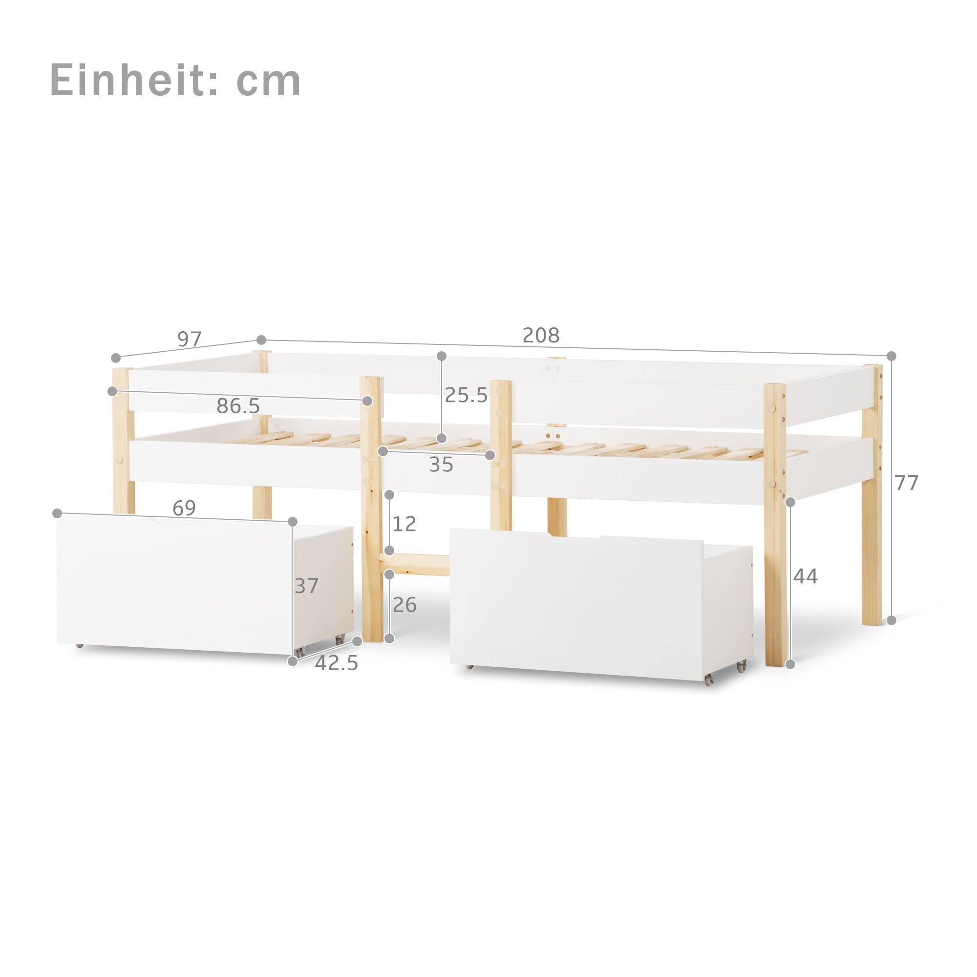 Children's Bed with Drawer and Fall Protection, 90x200 cm, Solid Pine Wood White & Oak