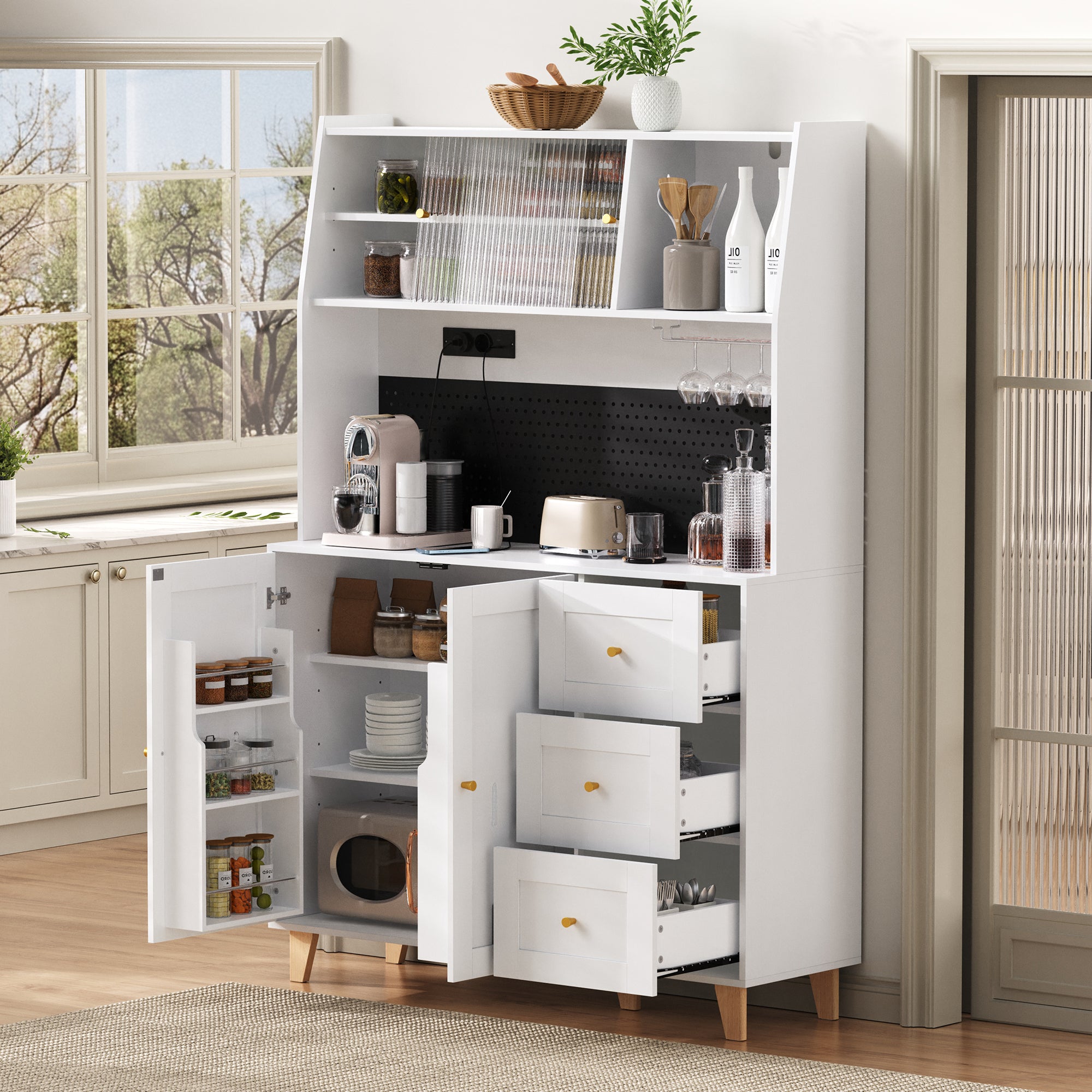 Tall Cabinet Pegboard Wine Glass Holders Sockets Storage Drawers - White