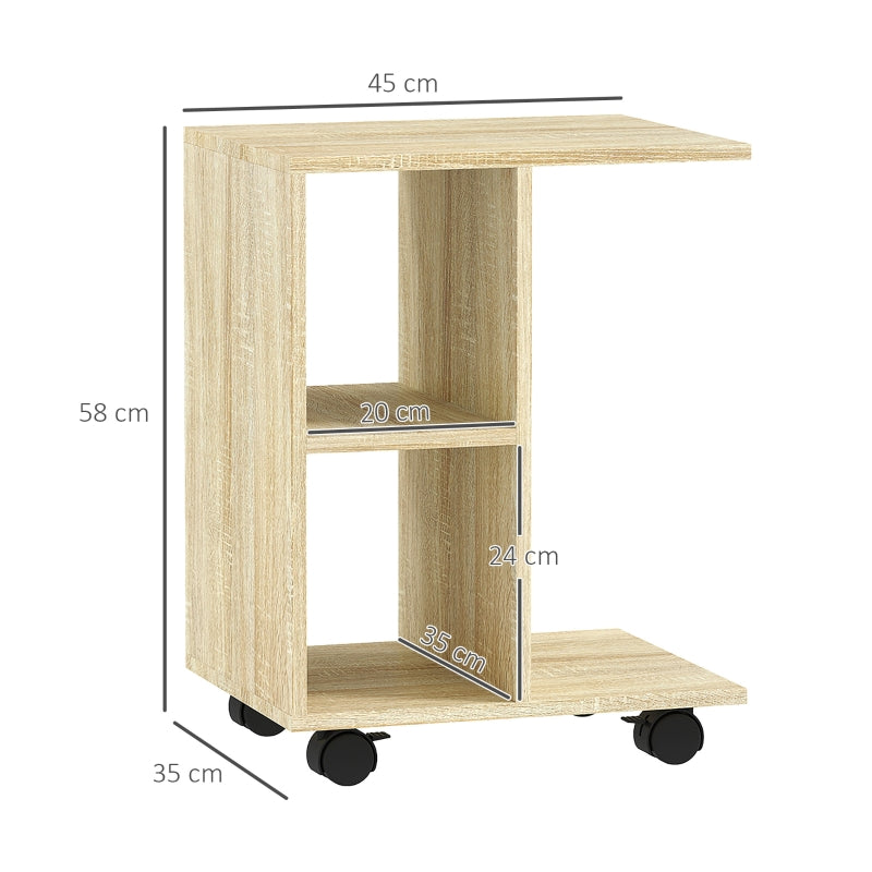 C-Shape End Table 2 Shelves 4 Wheels Storage Unit Natural
