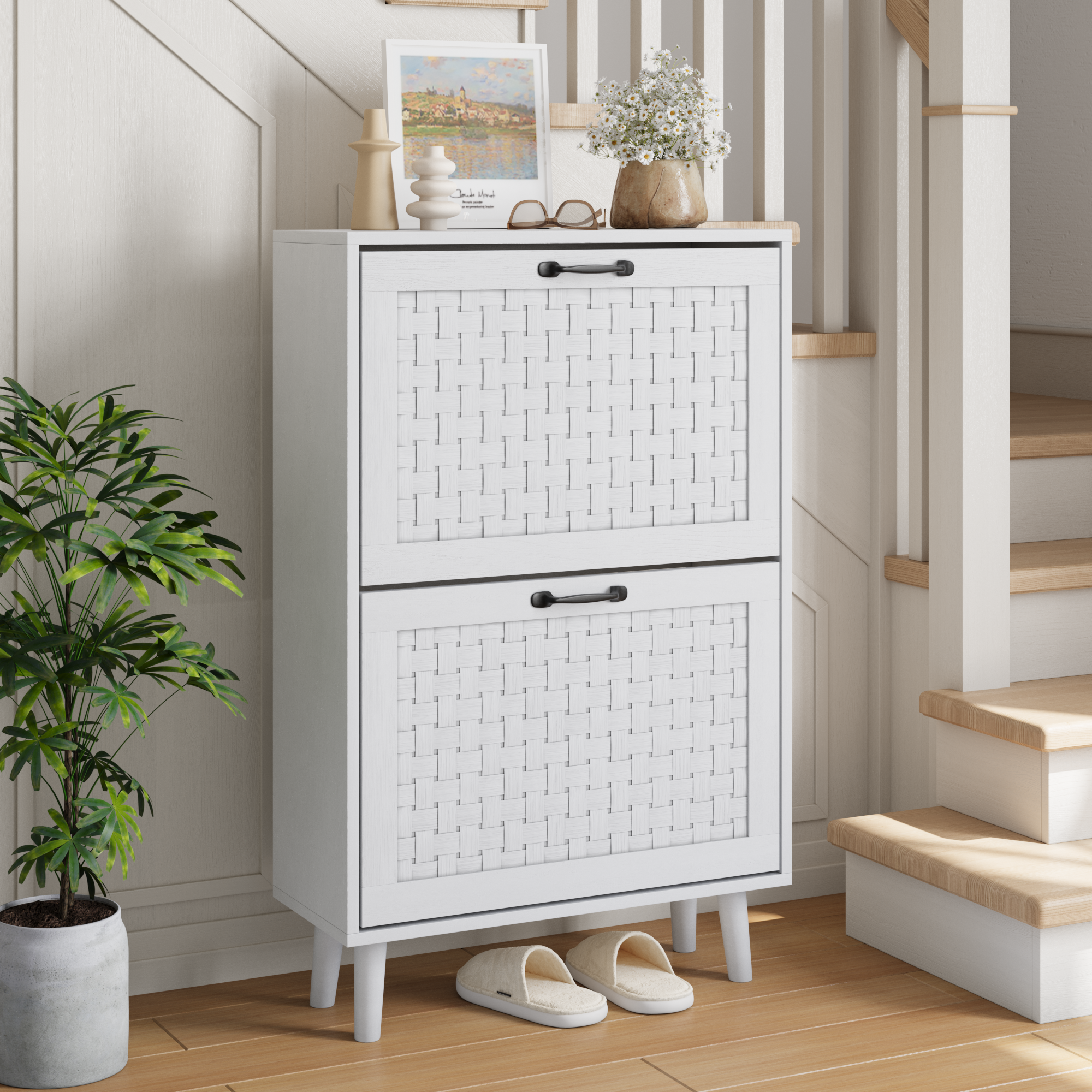 Shoe Storage Cabinet, Rattan Drawers Solid Wood Legs Narrow Slim, Handmade