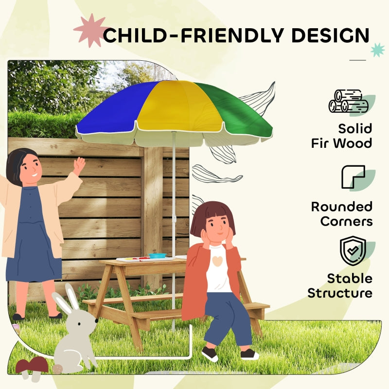 Kids Picnic Table, Sand/Water Table with Benches, Parasol & Storage Bins, Multicolor Wood