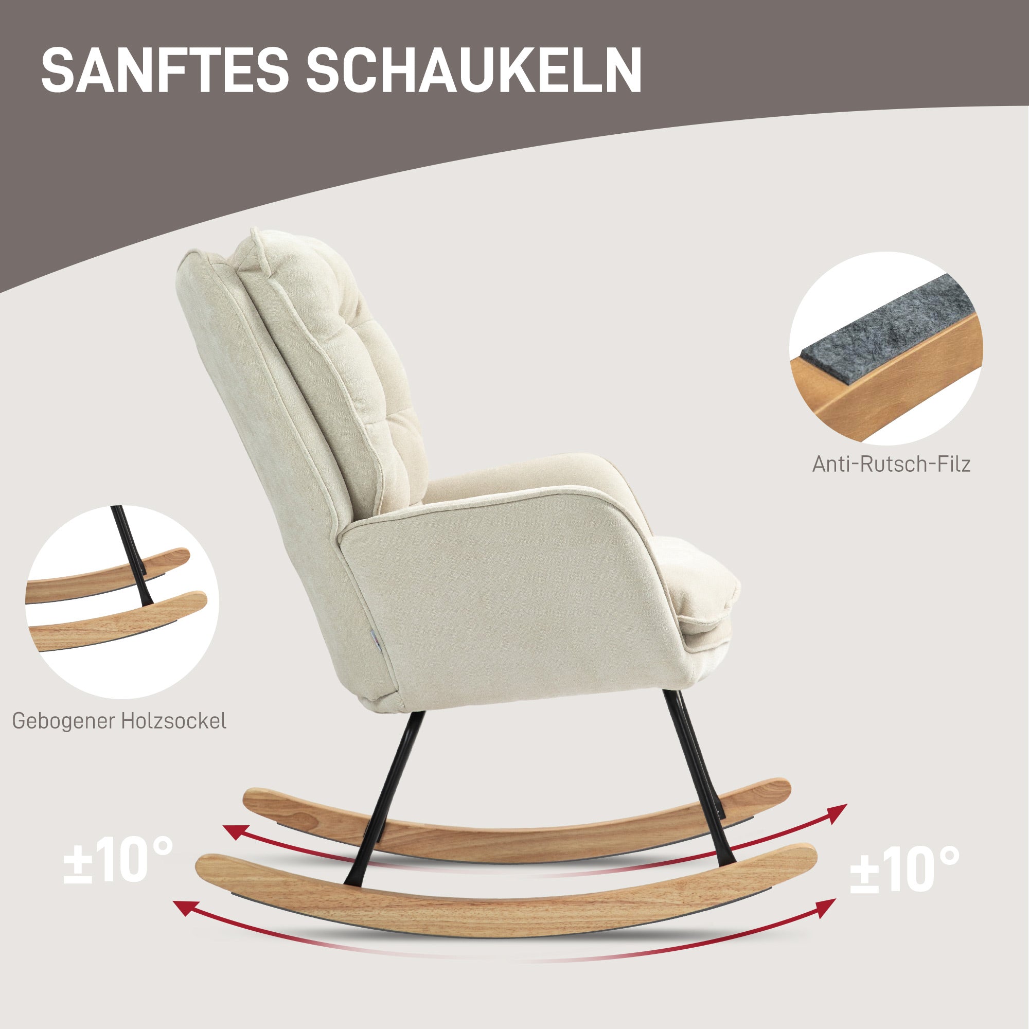 Rocking Chair, Armrests, Nursing, 120 kg Load Capacity, Chenille Look, Beige